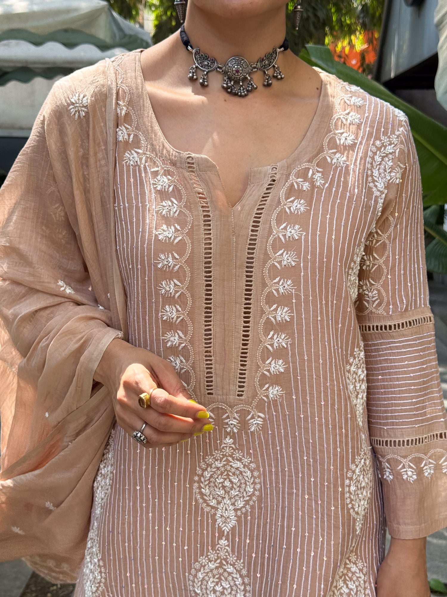 Pure Chanderi Muslin Chikankari & Beads Embroidered Kurta & Dupatta