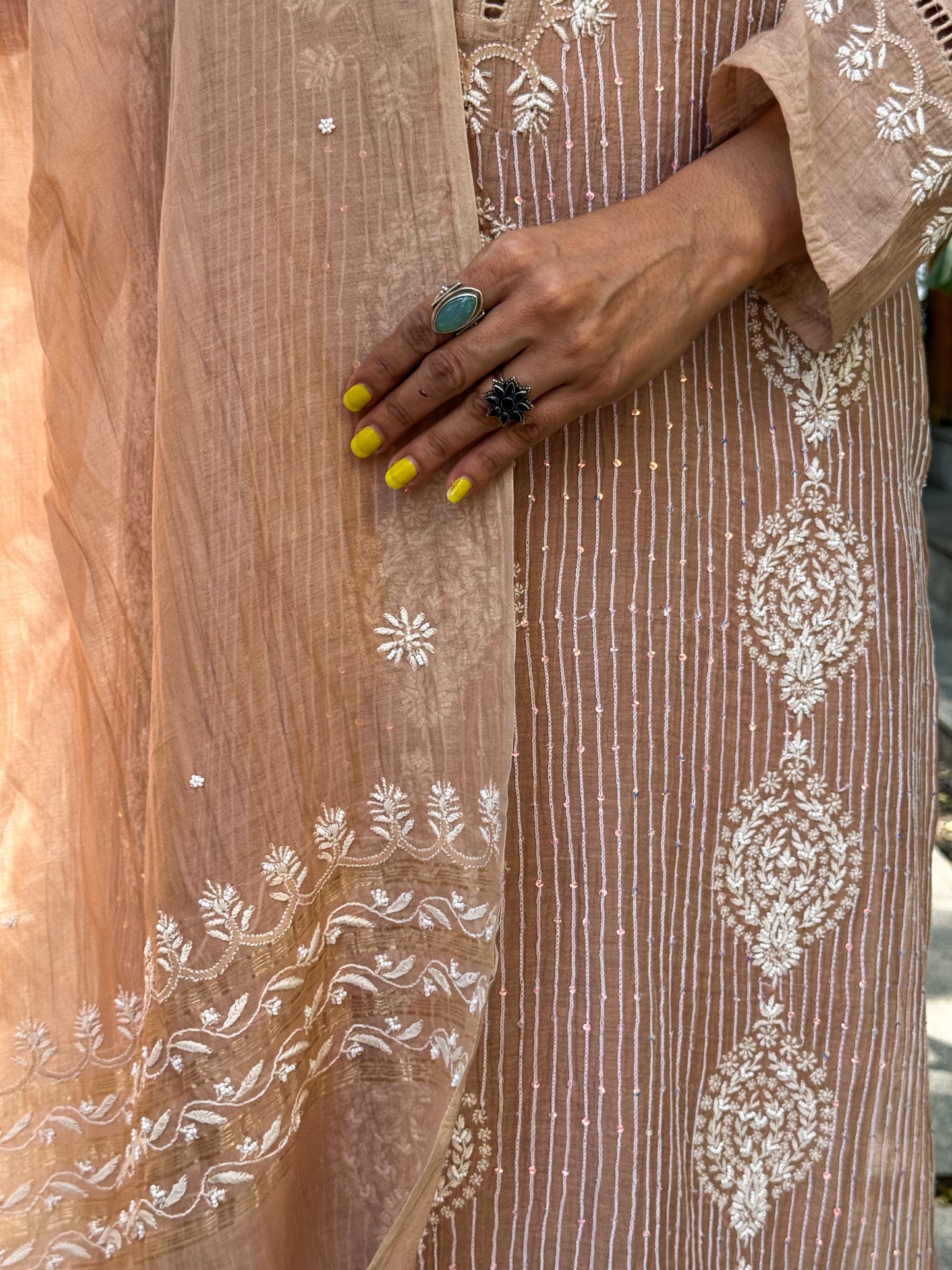 Pure Chanderi Muslin Chikankari & Beads Embroidered Kurta & Dupatta