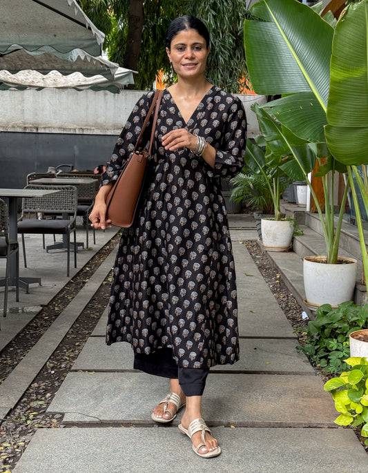 Handblock Printed Natural Dyed Ajrakh Chanderi Silk Kalidar Kurta