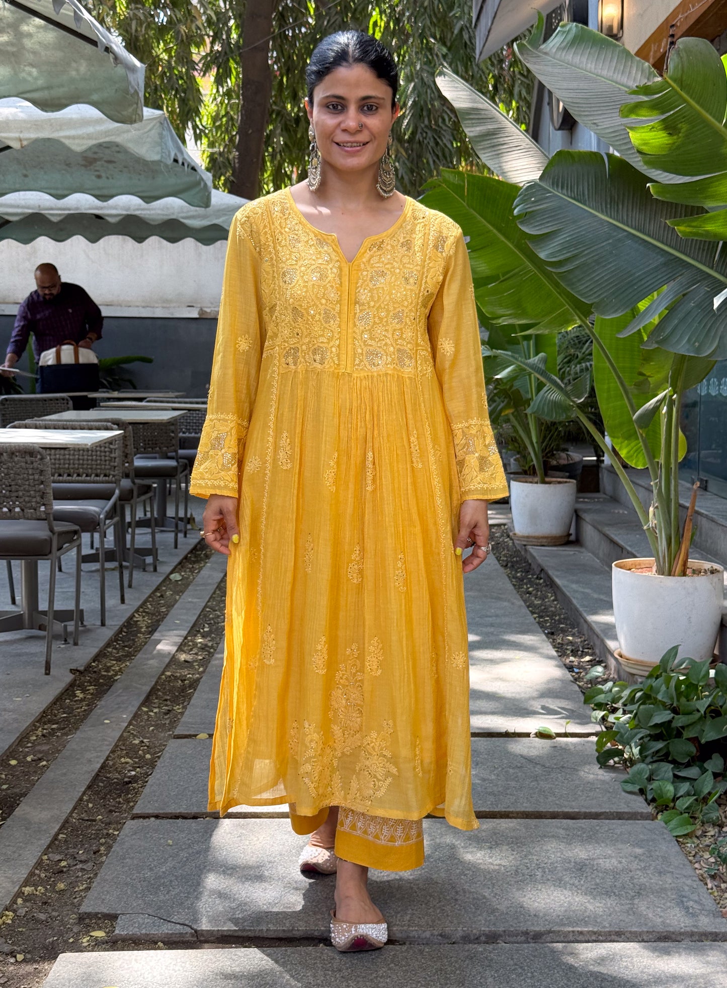 Pure Chanderi Muslin Chikankari & Beads Embroidered Kurta & Dupatta