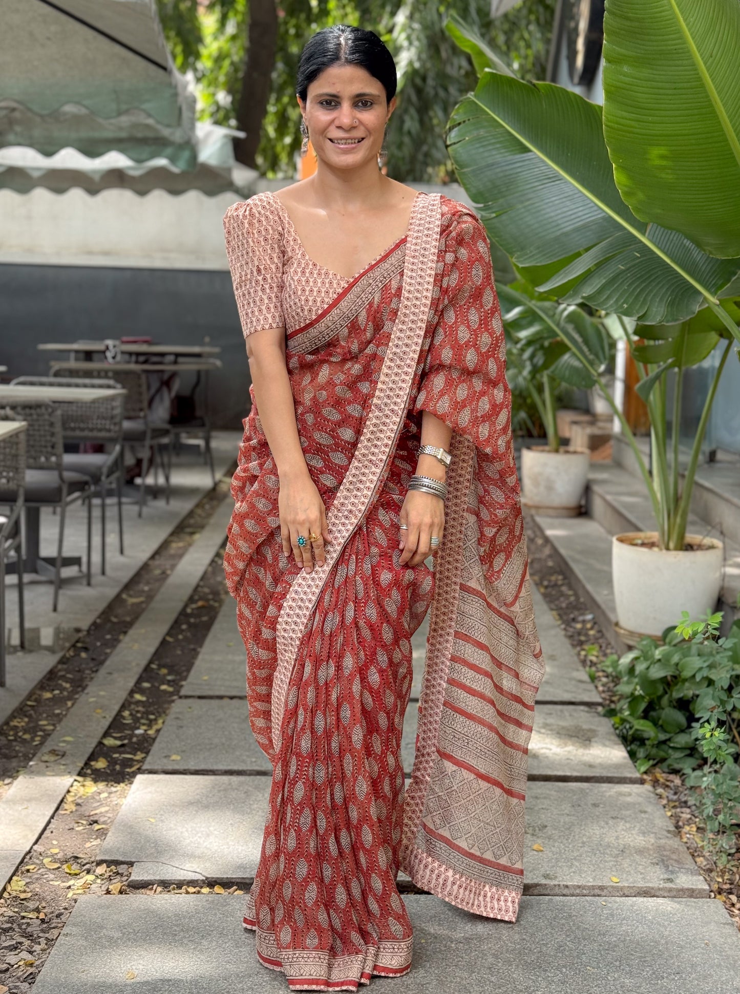 Handmade Natural Dyed Handblock Bagru / Dabu Printed Kota Doria Saree With Dabu Patch Border.