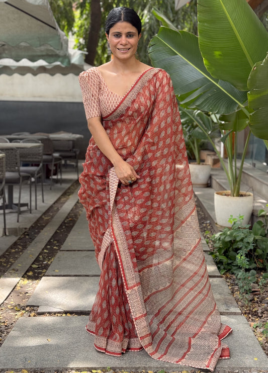 Handmade Natural Dyed Handblock Bagru / Dabu Printed Kota Doria Saree With Dabu Patch Border.
