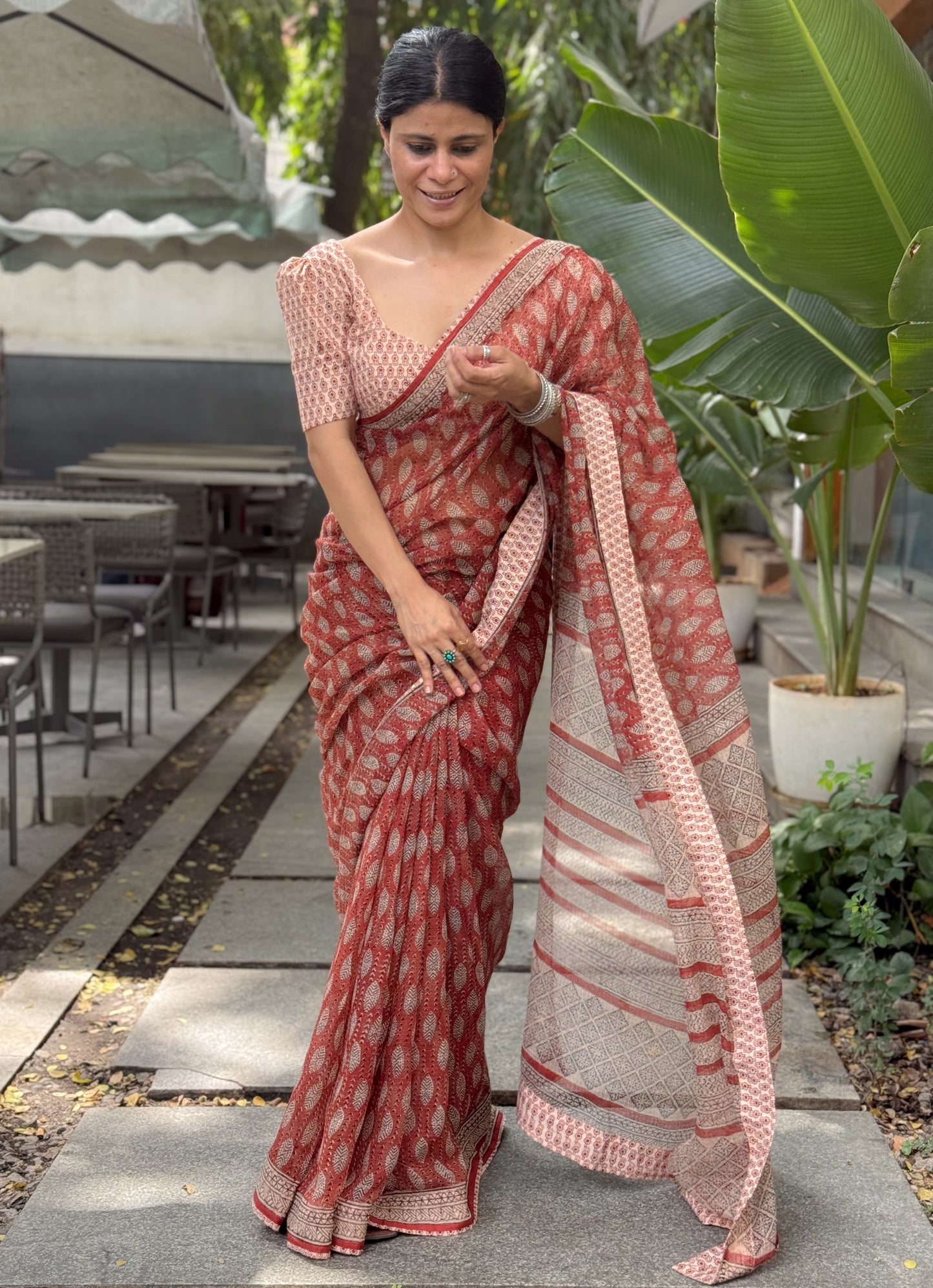 Handmade Natural Dyed Handblock Bagru / Dabu Printed Kota Doria Saree With Dabu Patch Border.