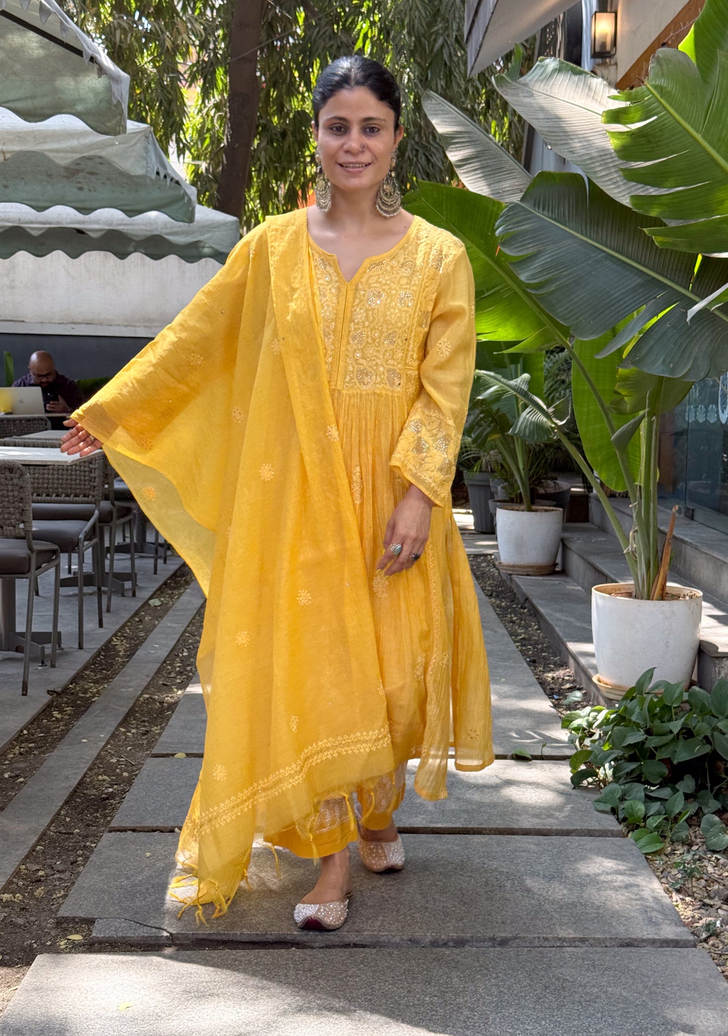 Pure Chanderi Muslin Chikankari & Beads Embroidered Kurta & Dupatta