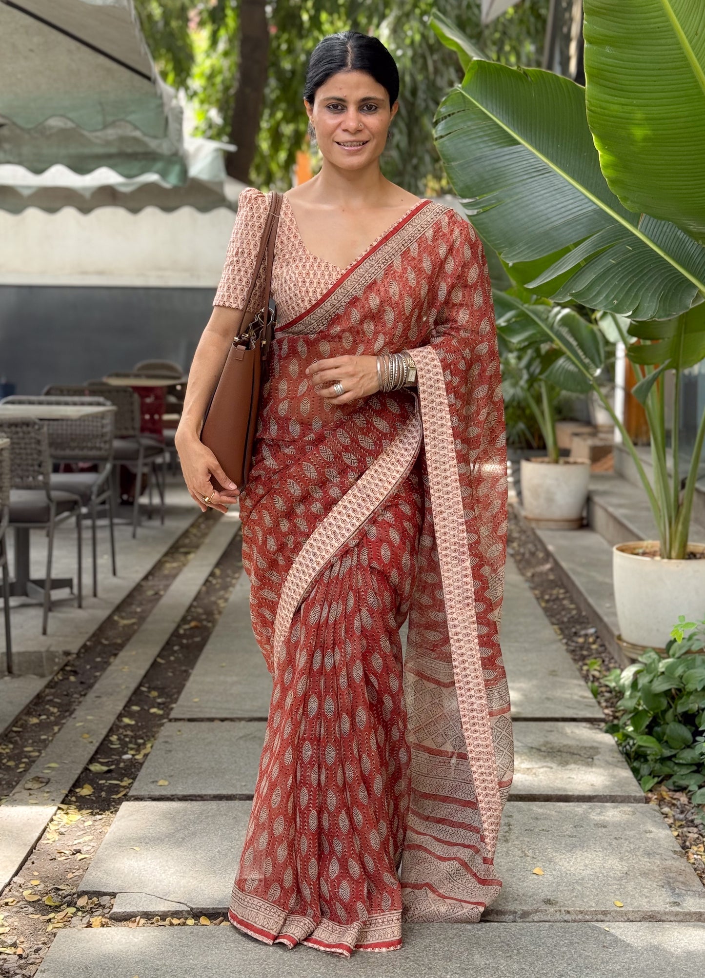 Handmade Natural Dyed Handblock Bagru / Dabu Printed Kota Doria Saree With Dabu Patch Border.