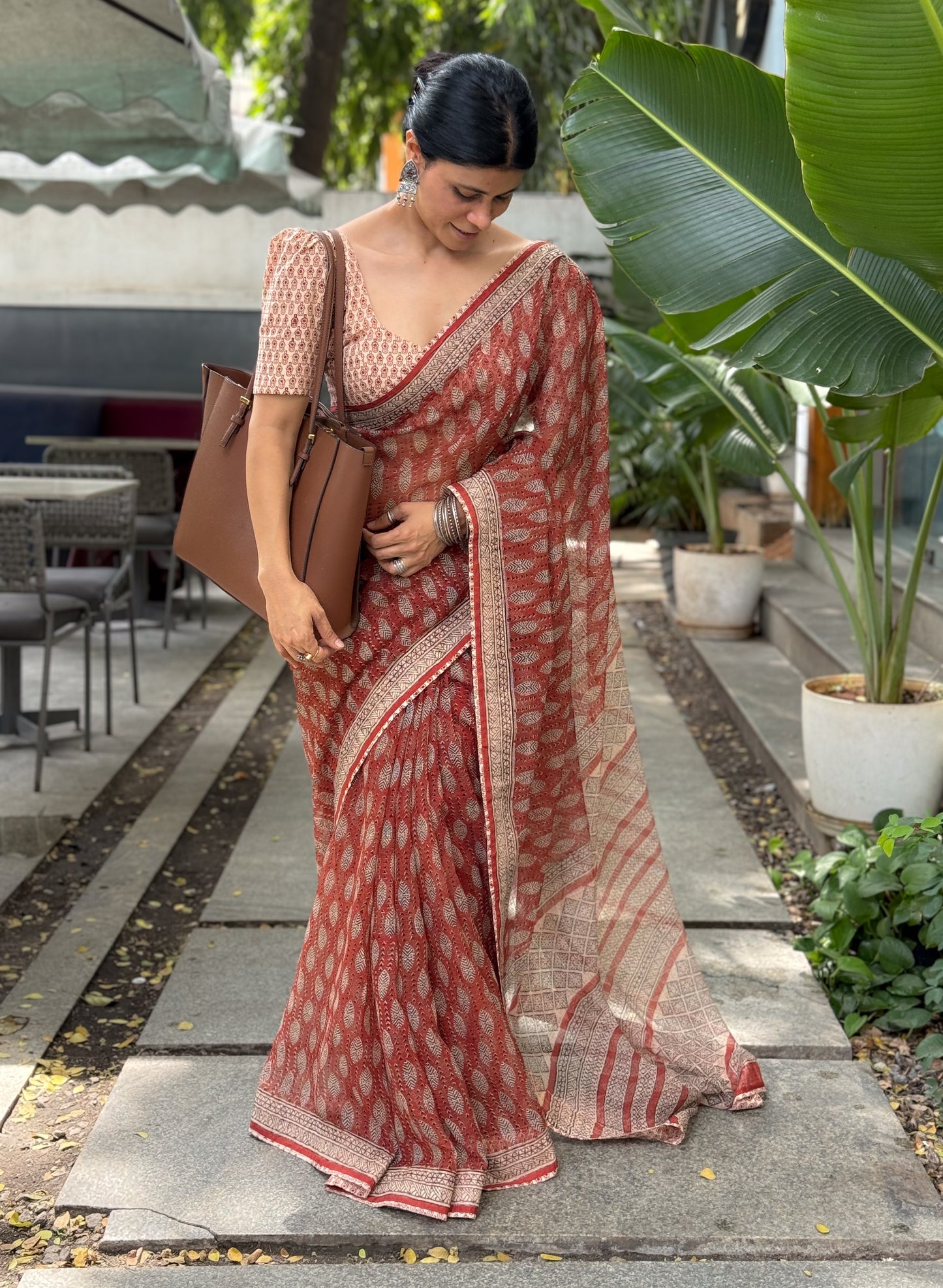 Handmade Natural Dyed Handblock Bagru / Dabu Printed Kota Doria Saree With Dabu Patch Border.