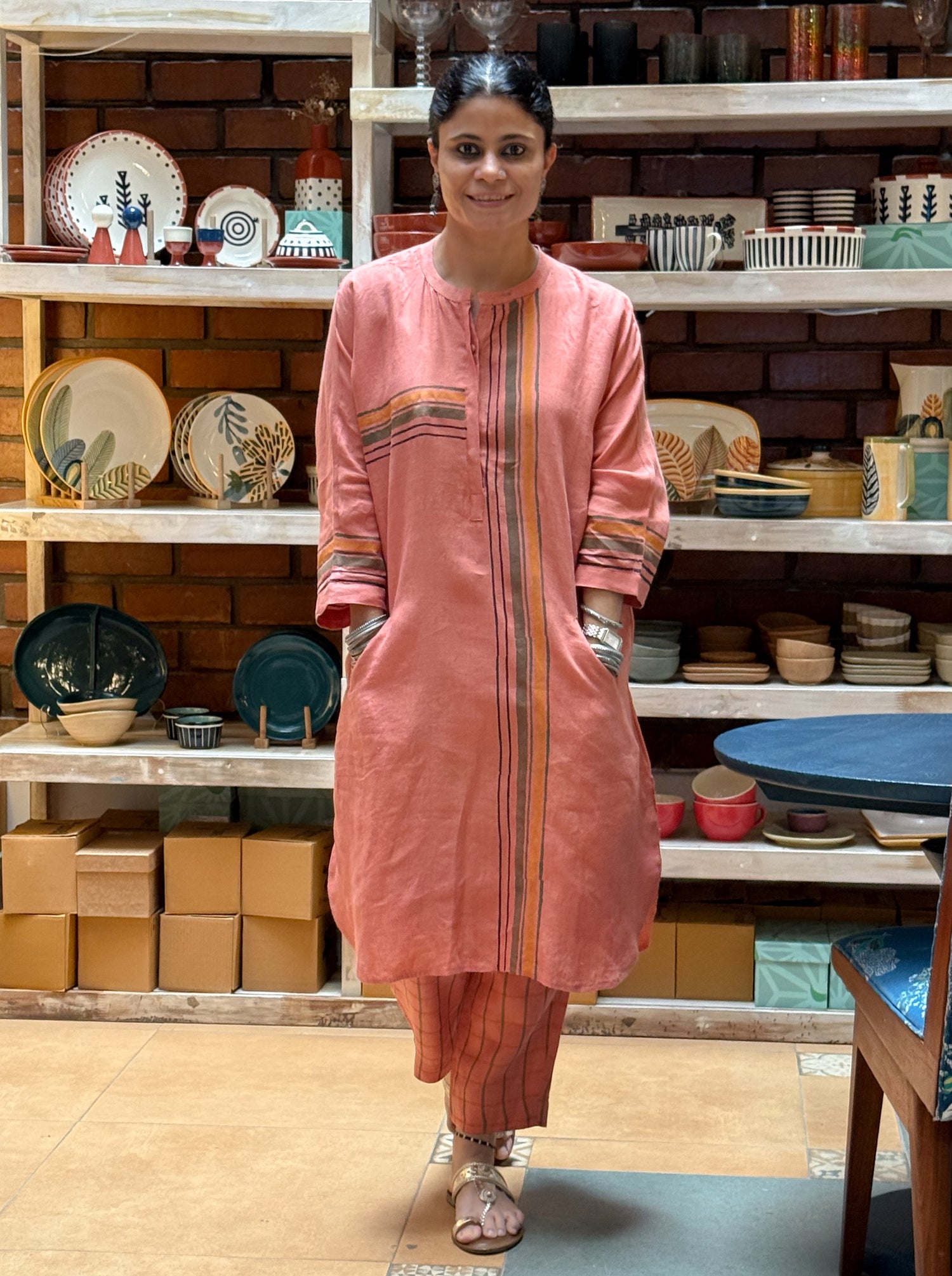 Handloom Linen By Linen Pant with Handblock Print Detailing