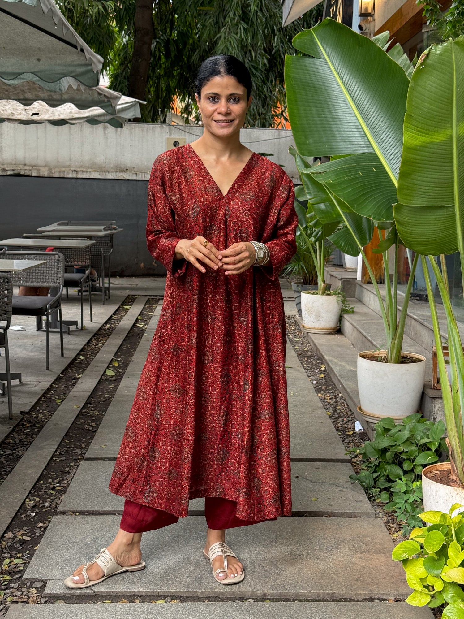Handblock Printed Natural Dyed Ajrakh Chanderi Silk Kalidar Kurta
