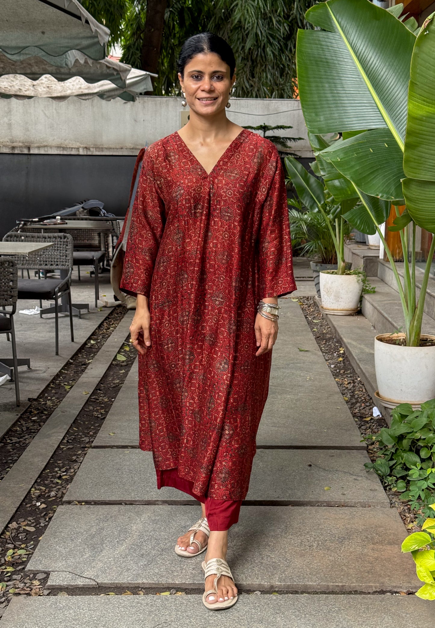 Handblock Printed Natural Dyed Ajrakh Chanderi Silk Kalidar Kurta