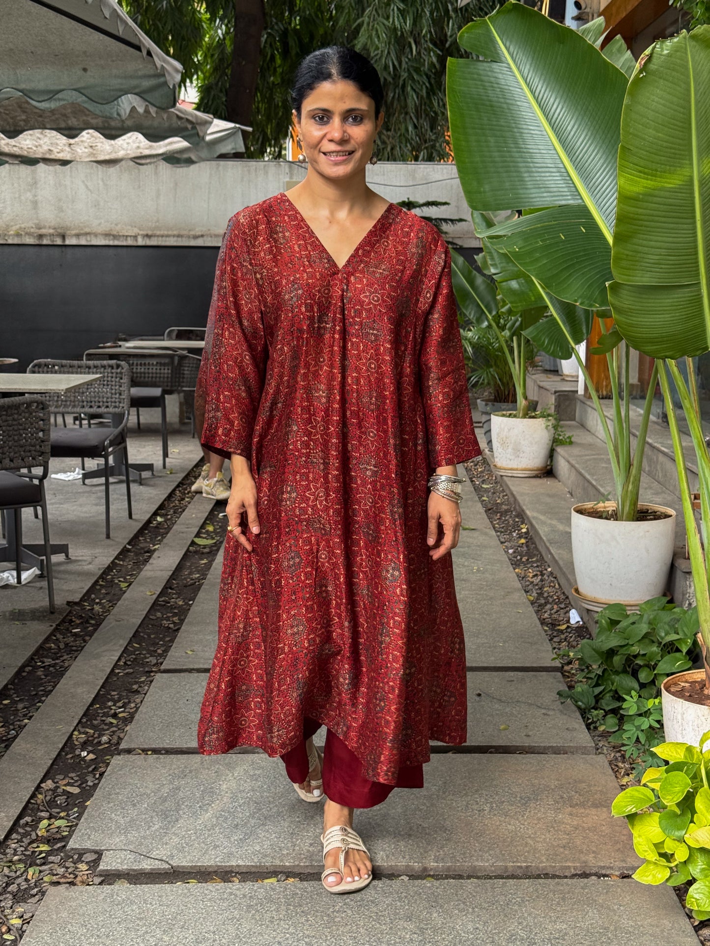 Handblock Printed Natural Dyed Ajrakh Chanderi Silk Kalidar Kurta