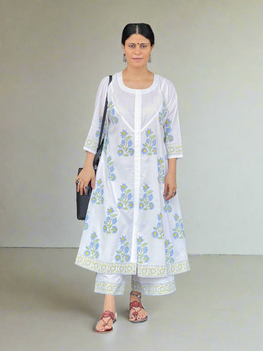 Handloom & handblock printed Kalidar kurta with yoke designs with pant.