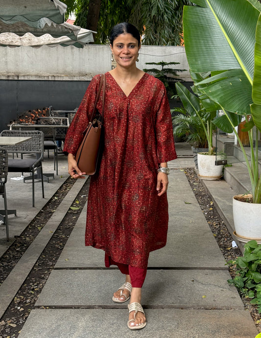 Handblock Printed Natural Dyed Ajrakh Chanderi Silk Kalidar Kurta