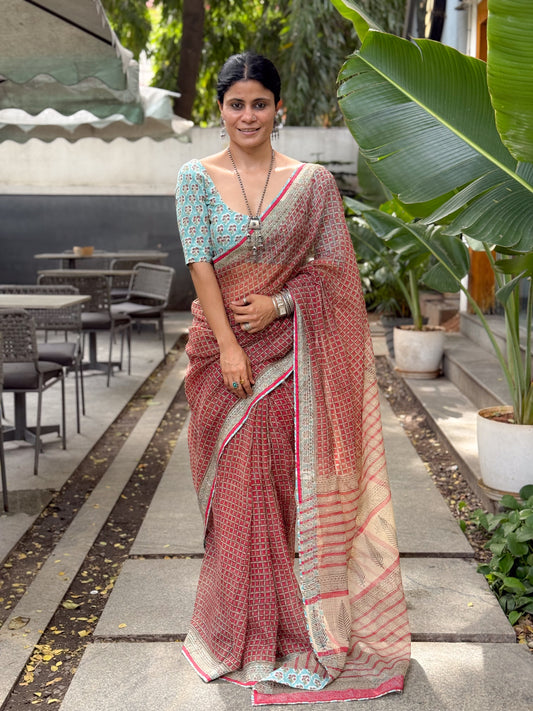 Handmade Natural Dyed Handblock Bagru / Dabu Printed Kota Doria Saree With Dabu Patch Border.