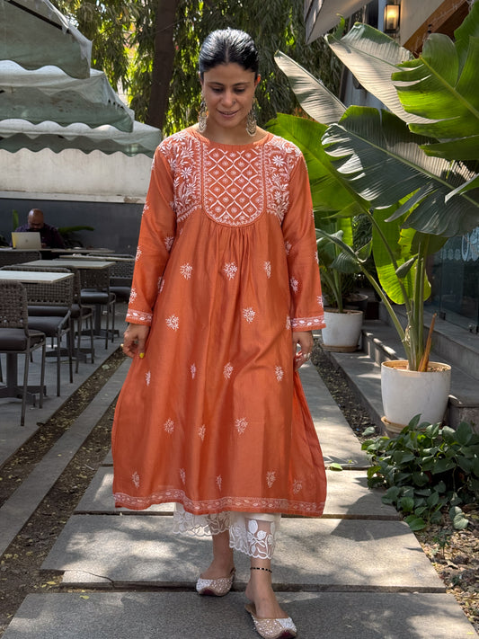 Pure Chanderi Silk Chikankari & Beads Embroidered Kurta & Dupatta