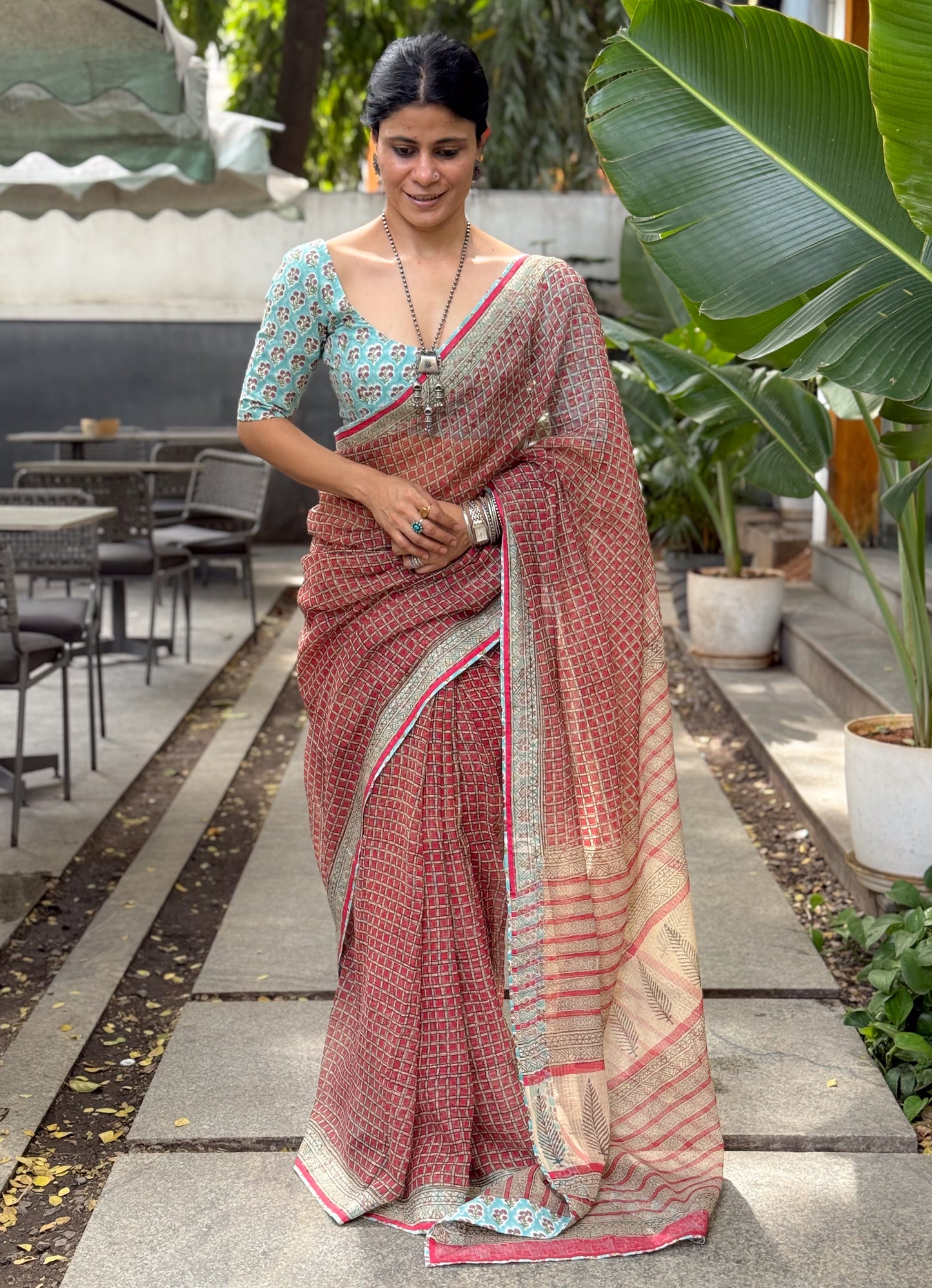Handmade Natural Dyed Handblock Bagru / Dabu Printed Kota Doria Saree With Dabu Patch Border.