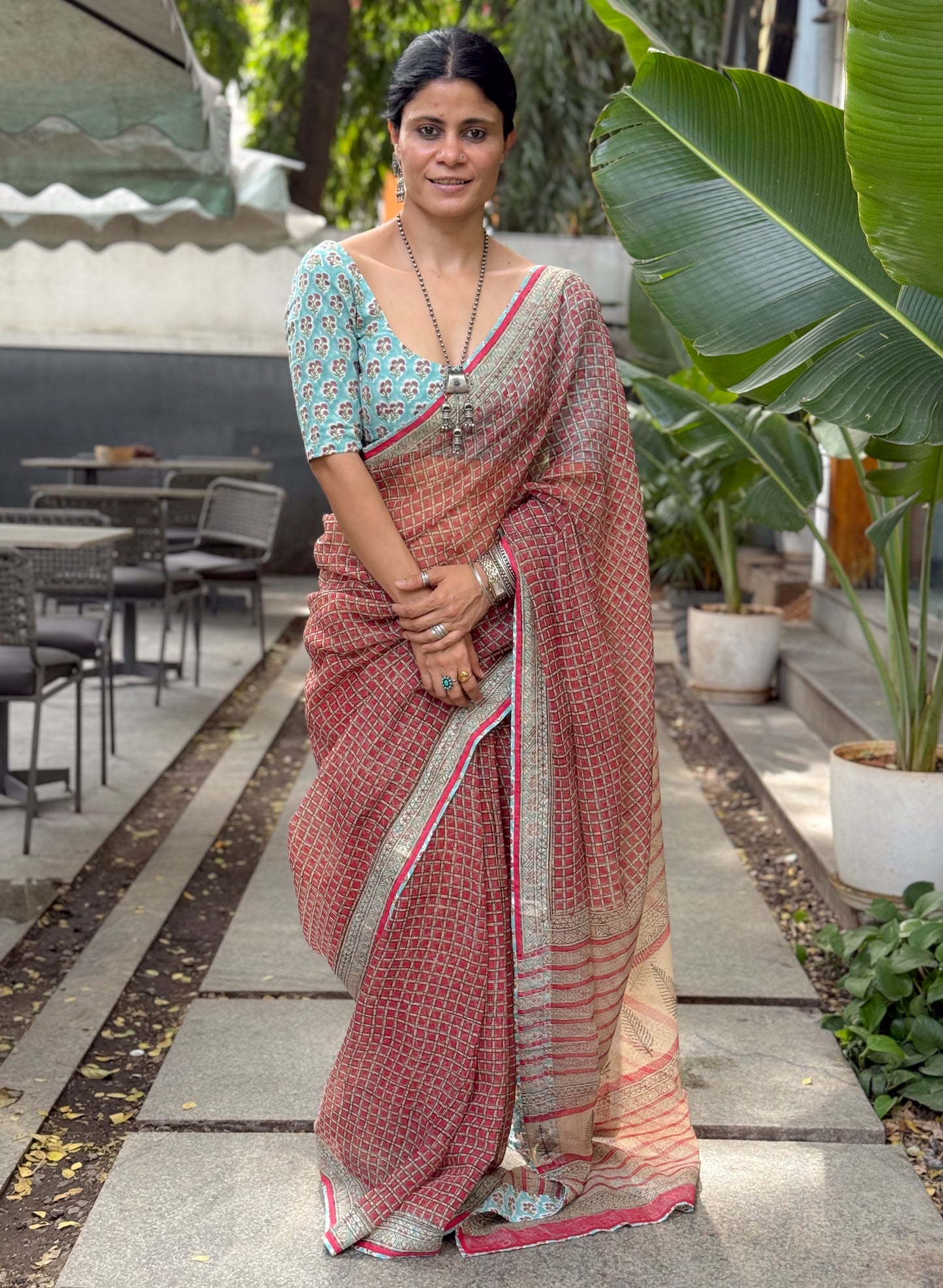 Handmade Natural Dyed Handblock Bagru / Dabu Printed Kota Doria Saree With Dabu Patch Border.