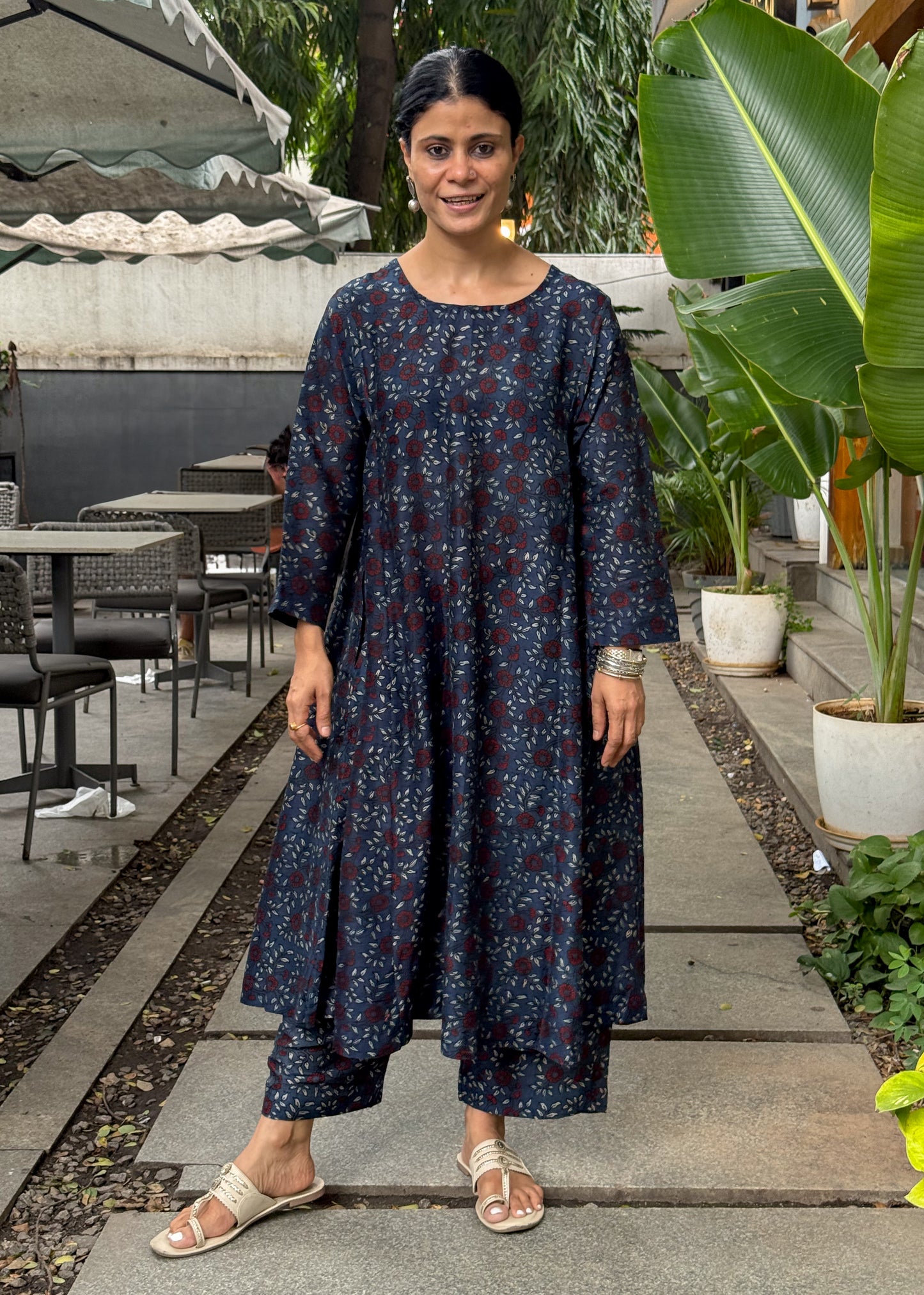 Handblock Printed Natural Dyed Ajrakh Chanderi Silk Kalidar Kurta