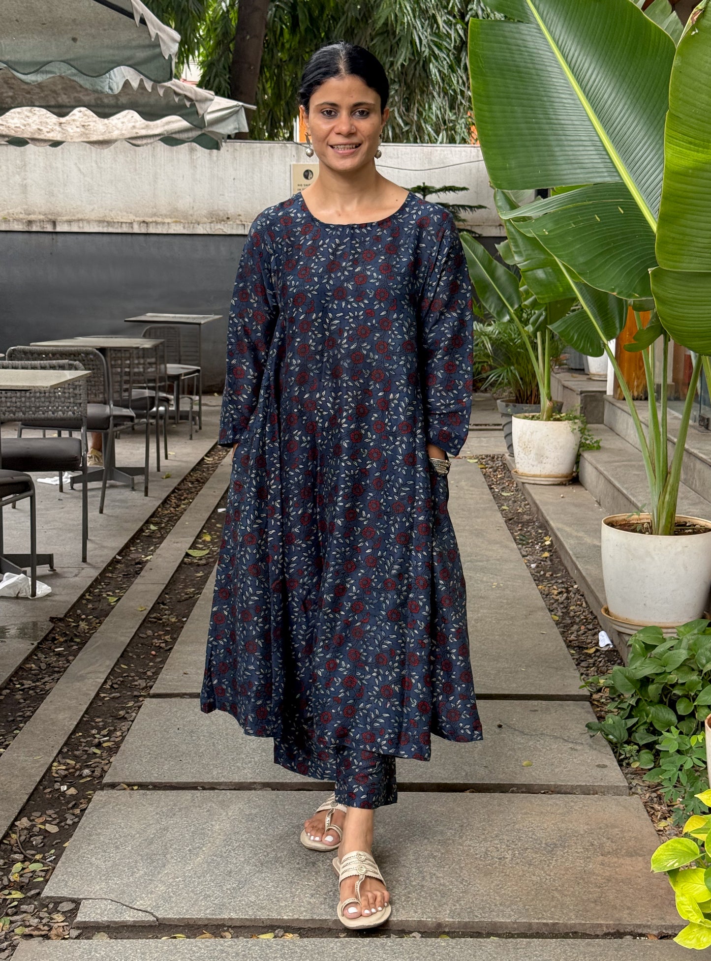 Handblock Printed Natural Dyed Ajrakh Chanderi Silk Kalidar Kurta