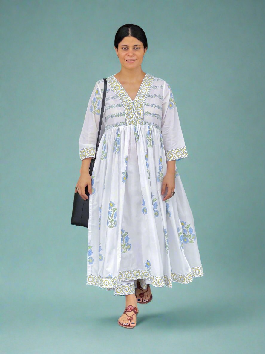 Handloom & handblock printed Kalidar kurta with yoke designs with pant .