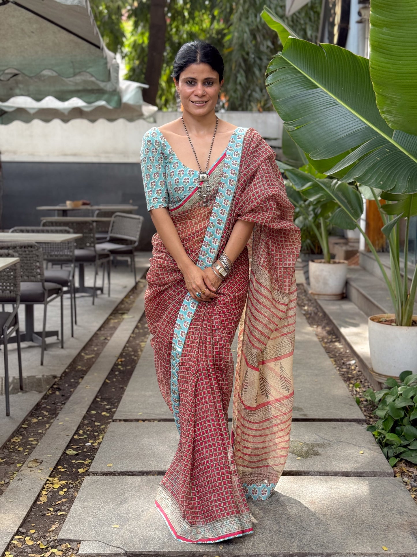 Handmade Natural Dyed Handblock Bagru / Dabu Printed Kota Doria Saree With Dabu Patch Border.