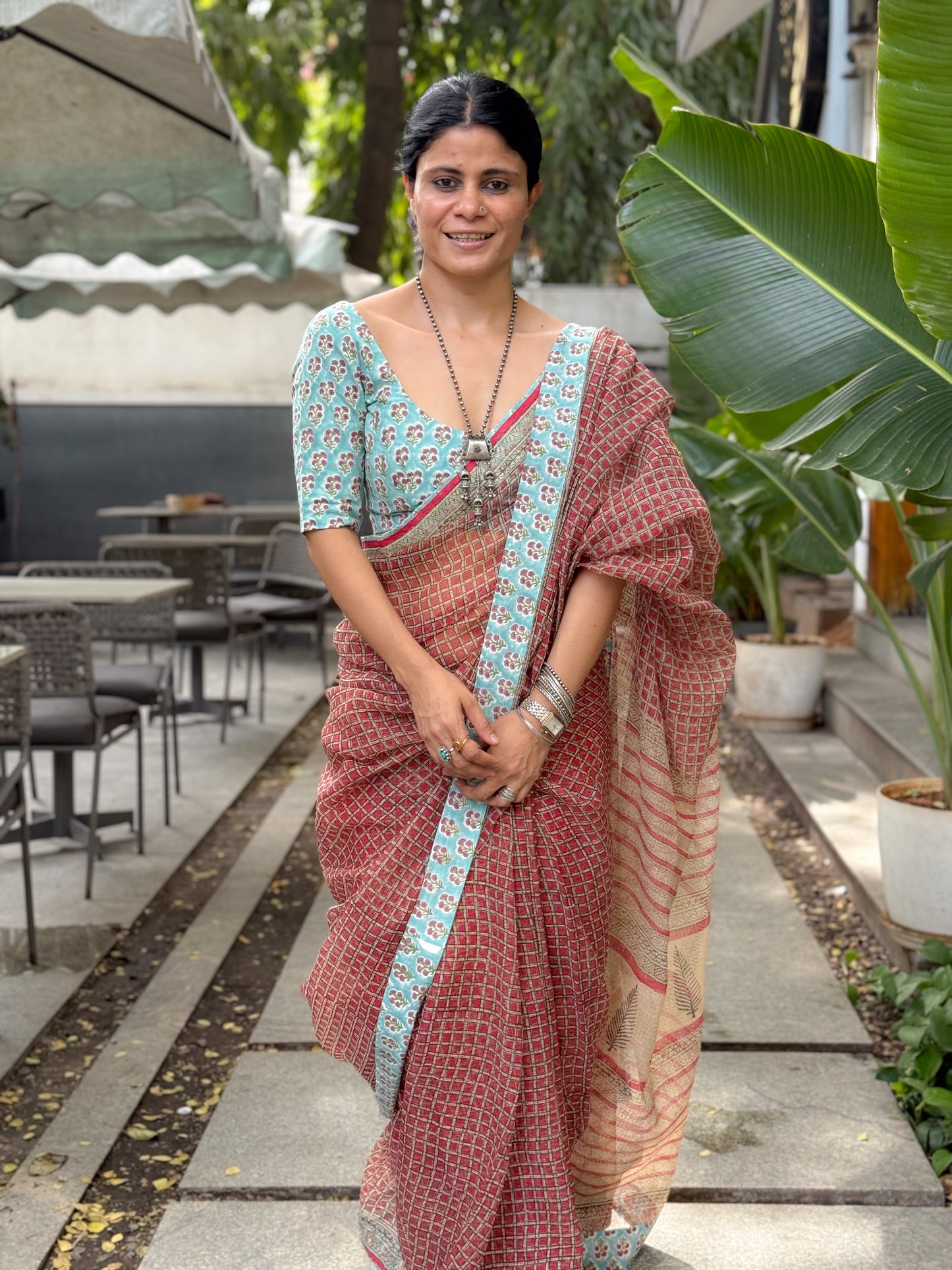 Handmade Natural Dyed Handblock Bagru / Dabu Printed Kota Doria Saree With Dabu Patch Border.