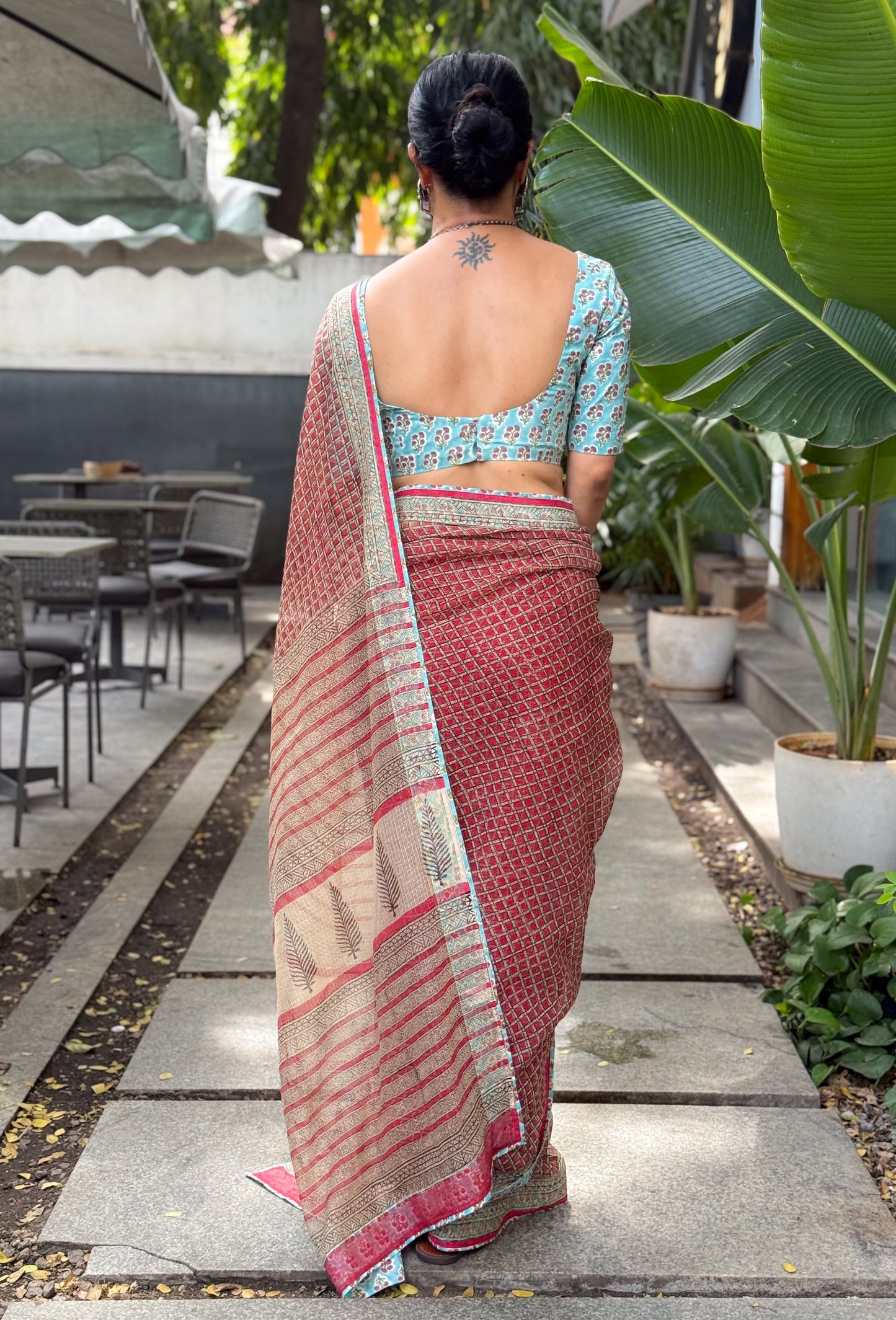 Handmade Natural Dyed Handblock Bagru / Dabu Printed Kota Doria Saree With Dabu Patch Border.