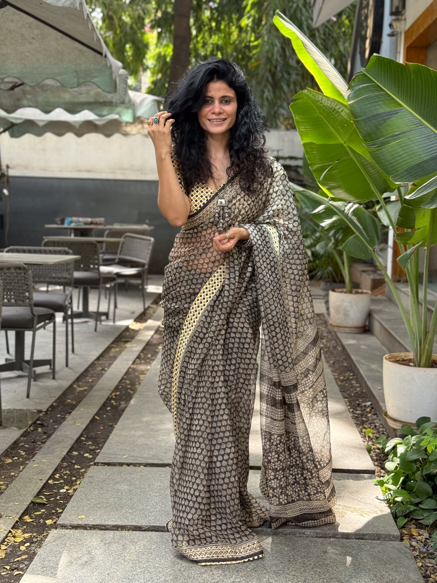 Handmade Natural Dyed Handblock Bagru / Dabu Printed Kota Doria Saree With Dabu Patch Border.