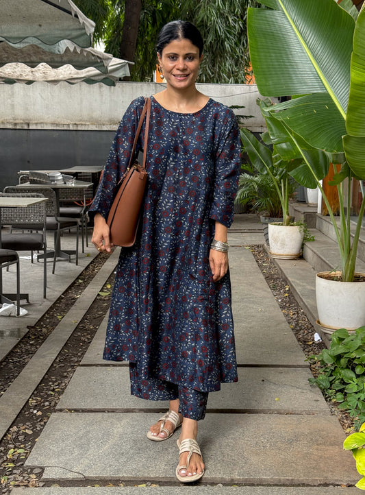Handblock Printed Natural Dyed Ajrakh Chanderi Silk Kalidar Kurta