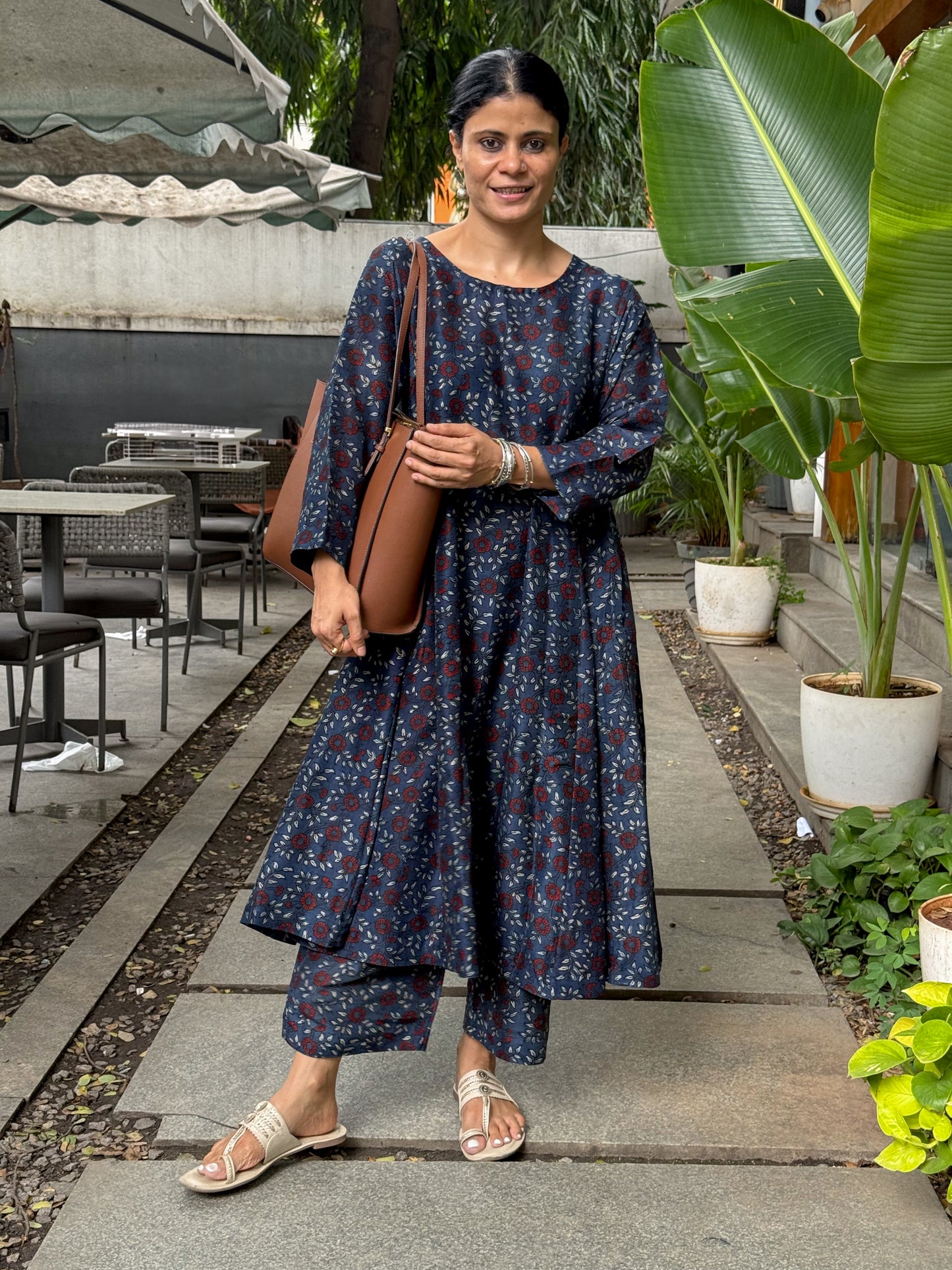 Handblock Printed Natural Dyed Ajrakh Chanderi Silk Kalidar Kurta