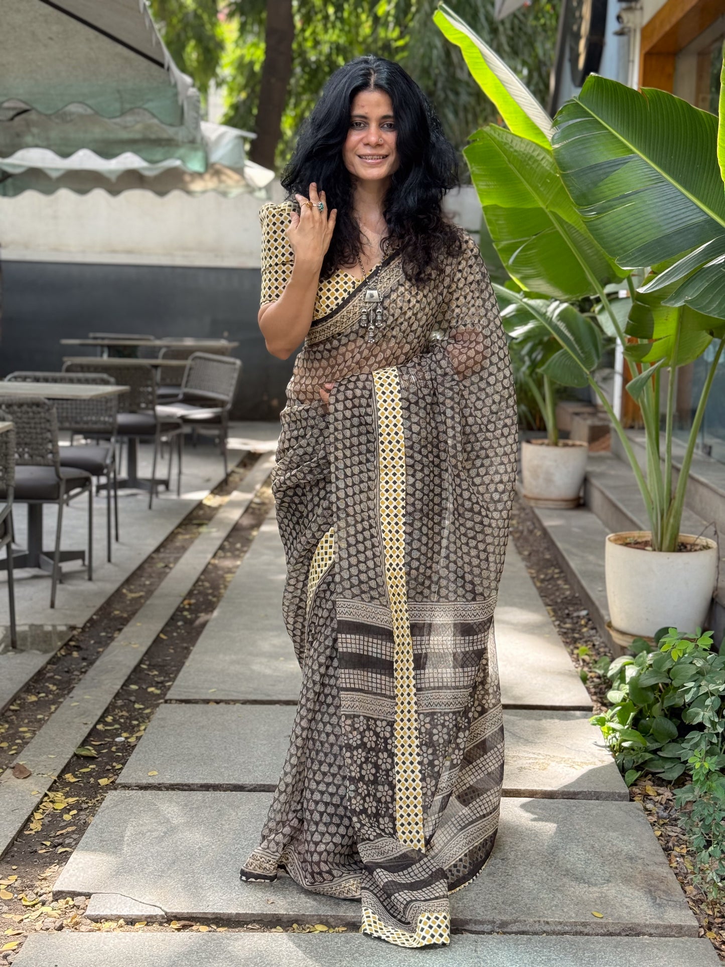 Handmade Natural Dyed Handblock Bagru / Dabu Printed Kota Doria Saree With Dabu Patch Border.