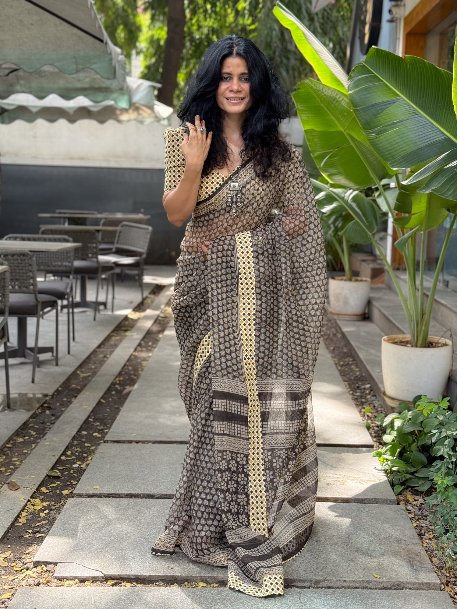 Handmade Natural Dyed Handblock Bagru / Dabu Printed Kota Doria Saree With Dabu Patch Border.