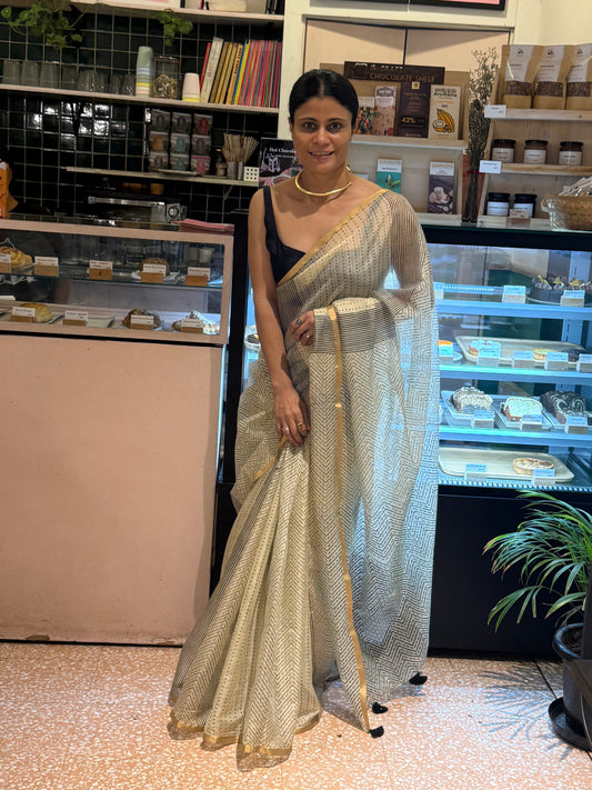 Handblock Printed Kota Silk Saree With Zari Border