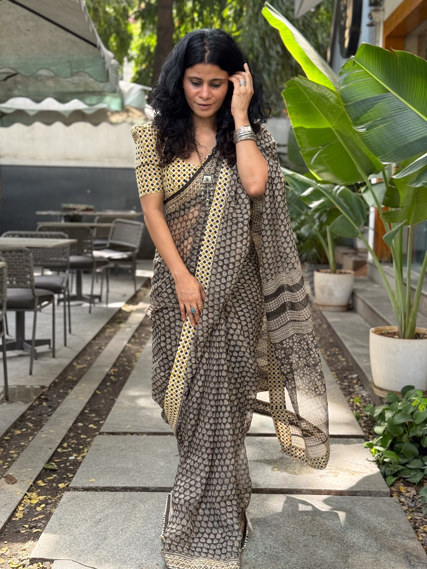 Handmade Natural Dyed Handblock Bagru / Dabu Printed Kota Doria Saree With Dabu Patch Border.