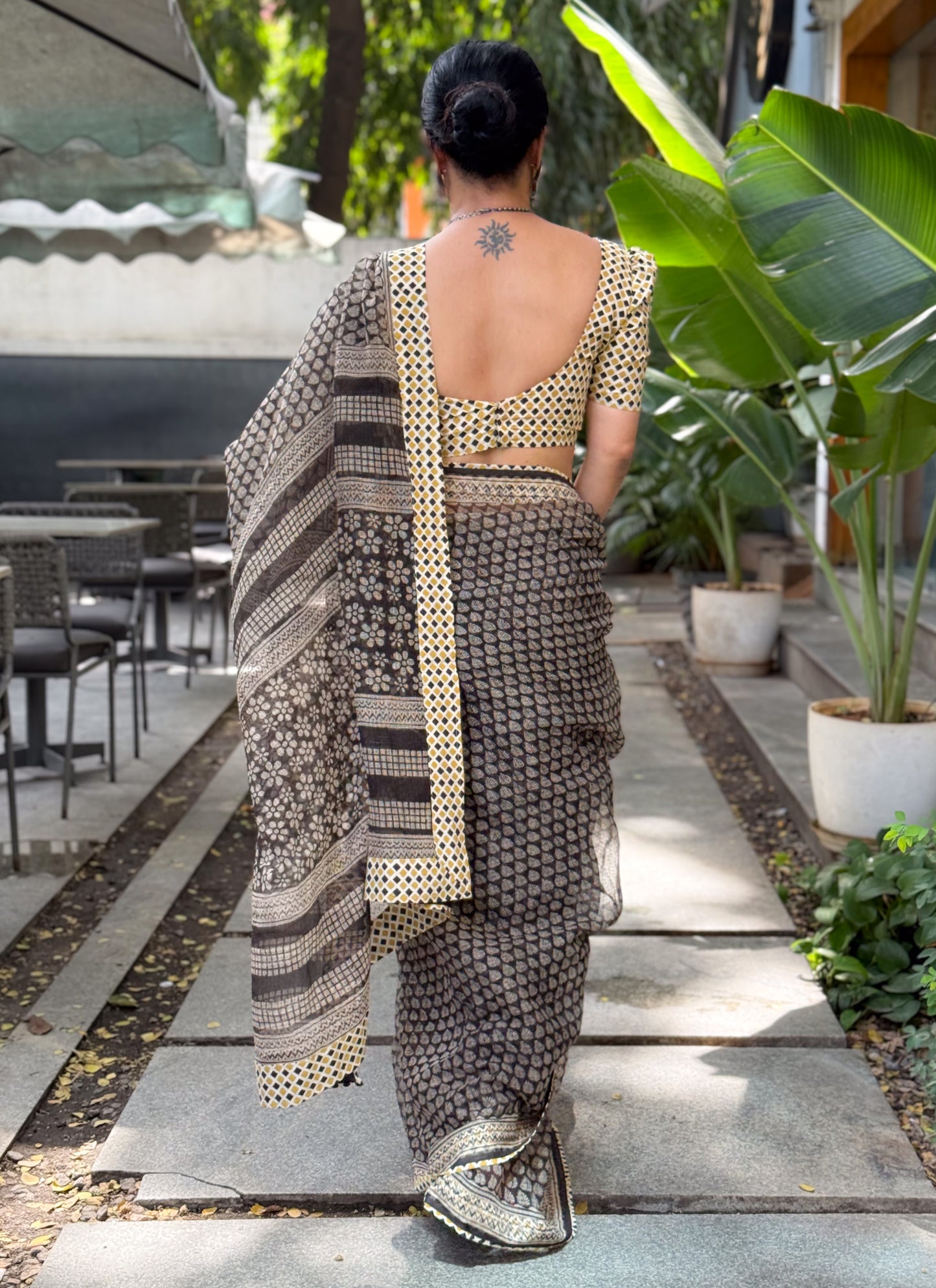 Handmade Natural Dyed Handblock Bagru / Dabu Printed Kota Doria Saree With Dabu Patch Border.