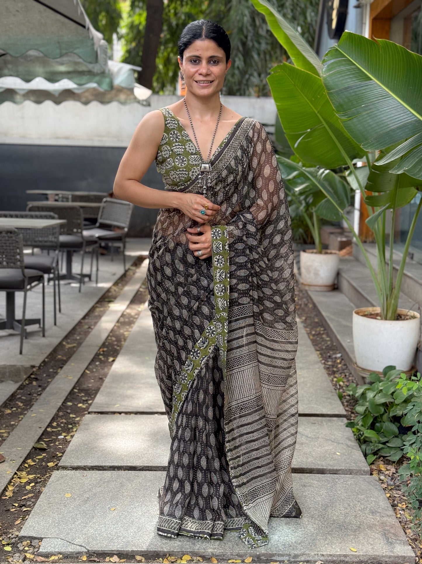 Handmade Natural Dyed Handblock Bagru/Dabu Printed Kota Doria Saree With Dabu Patch Border.