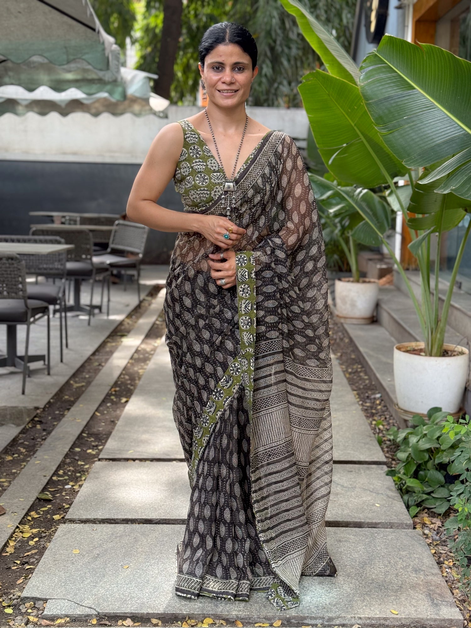 Handmade Natural Dyed Handblock Bagru/Dabu Printed Kota Doria Saree With Dabu Patch Border.