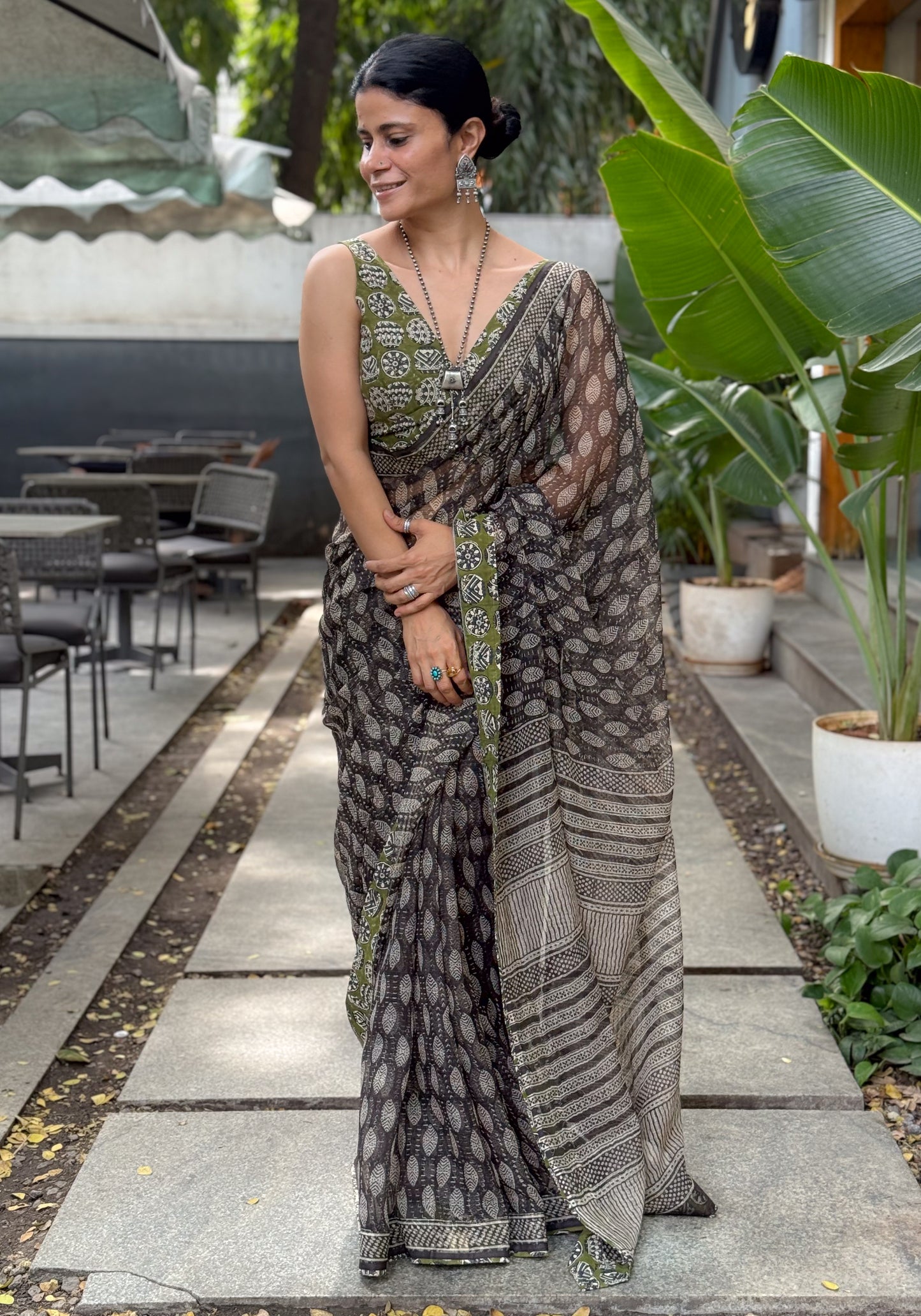 Handmade Natural Dyed Handblock Bagru/Dabu Printed Kota Doria Saree With Dabu Patch Border.