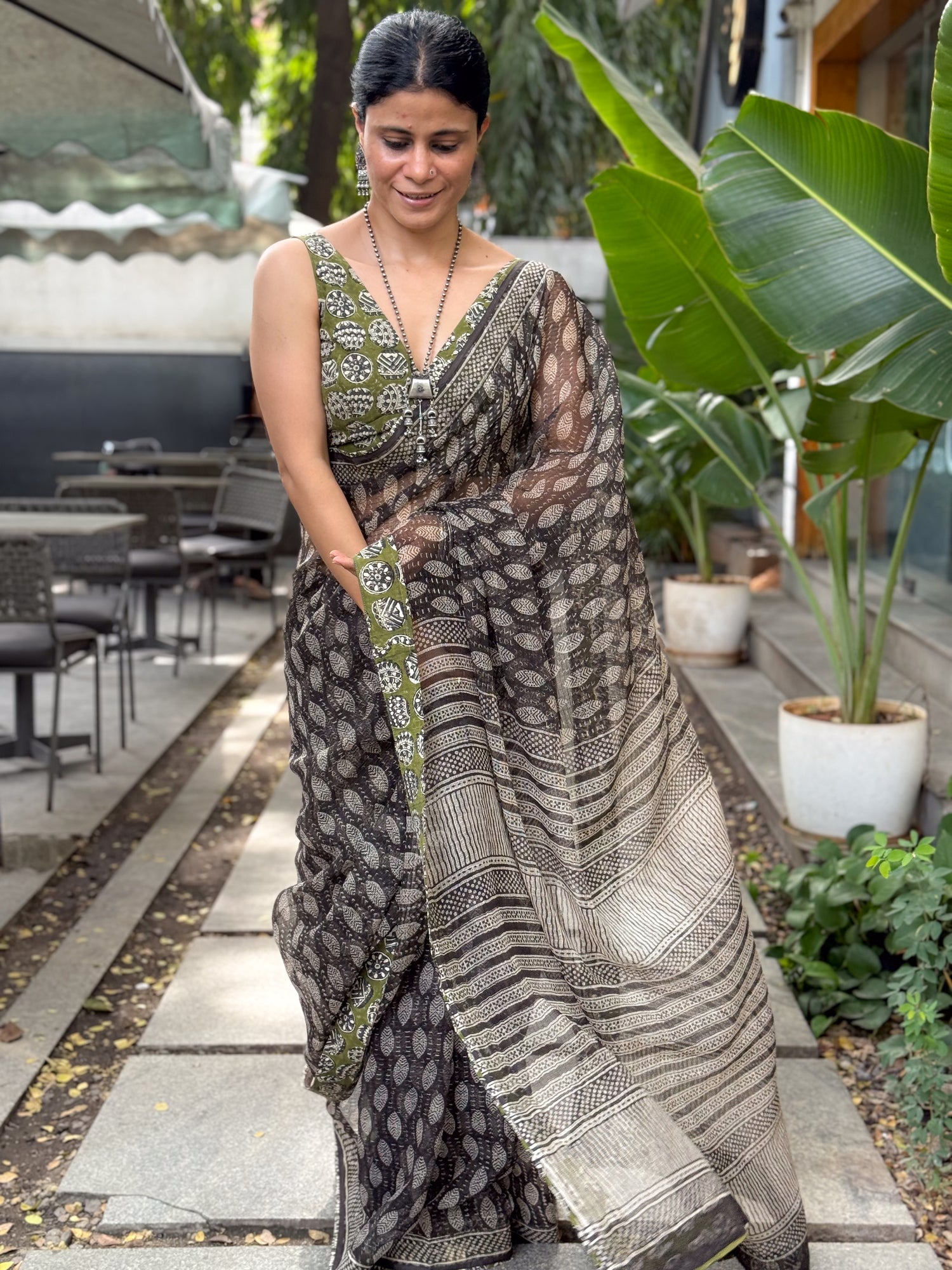 Handmade Natural Dyed Handblock Bagru/Dabu Printed Kota Doria Saree With Dabu Patch Border.