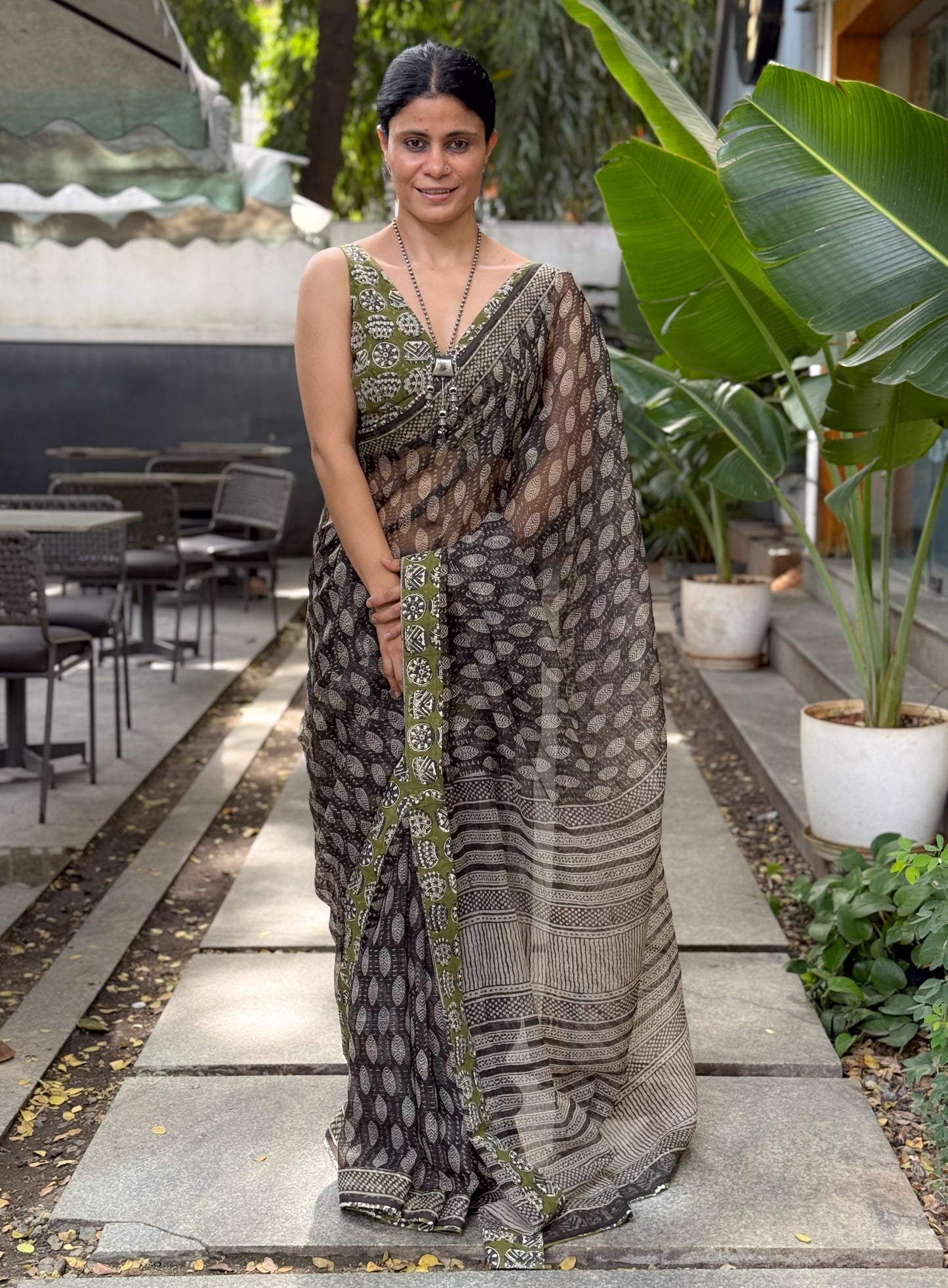 Handmade Natural Dyed Handblock Bagru/Dabu Printed Kota Doria Saree With Dabu Patch Border.