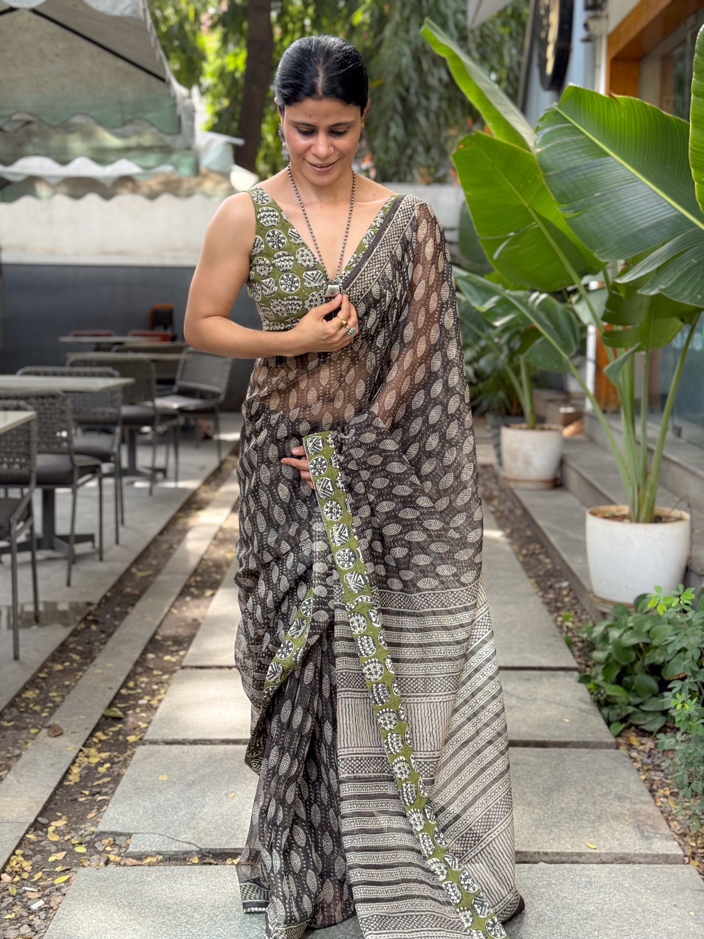 Handmade Natural Dyed Handblock Bagru/Dabu Printed Kota Doria Saree With Dabu Patch Border.