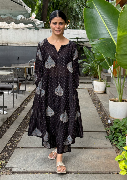 Handblock Printed Natural Dyed Ajrakh Chanderi Silk Kalidar Kurta