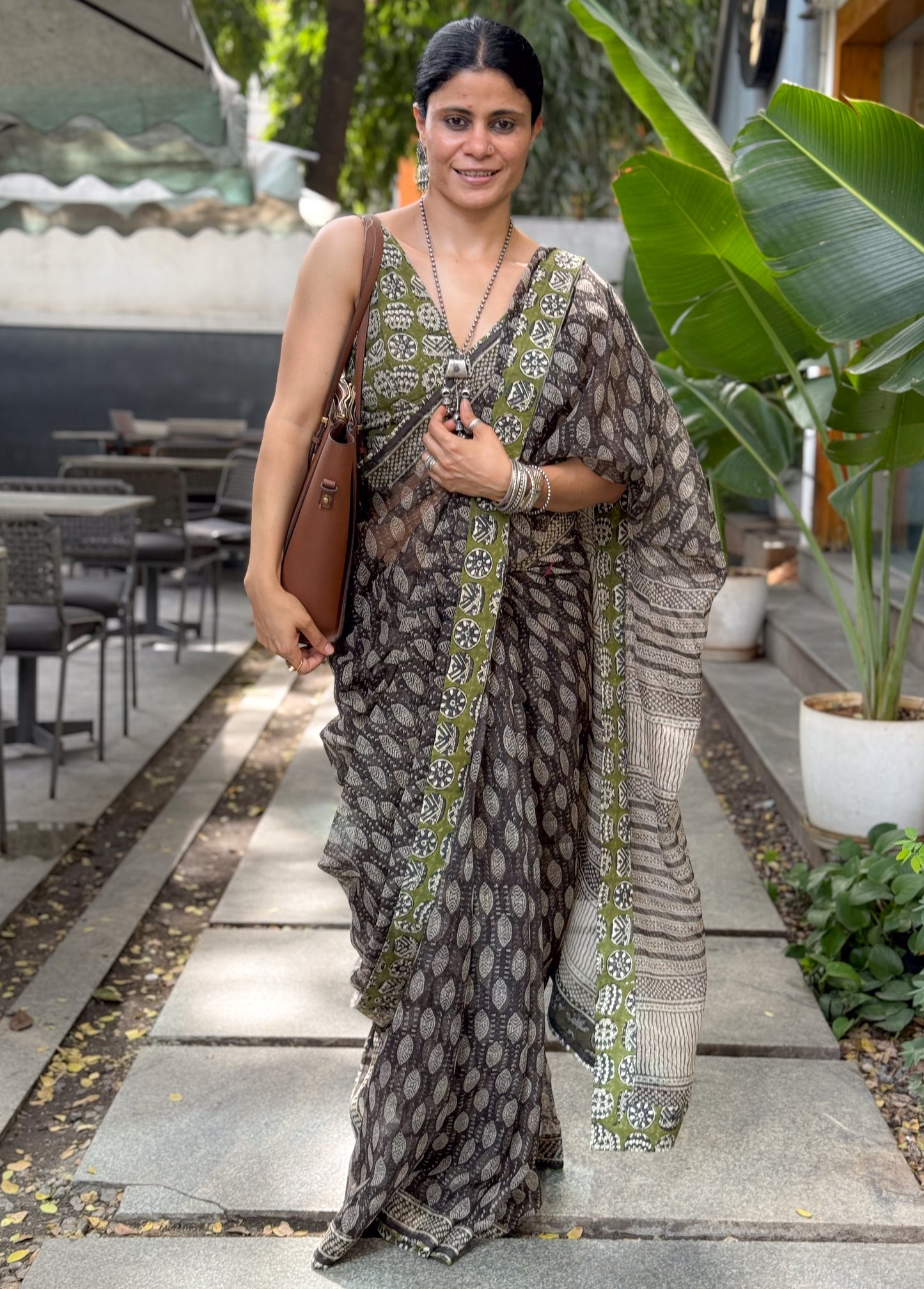 Handmade Natural Dyed Handblock Bagru/Dabu Printed Kota Doria Saree With Dabu Patch Border.