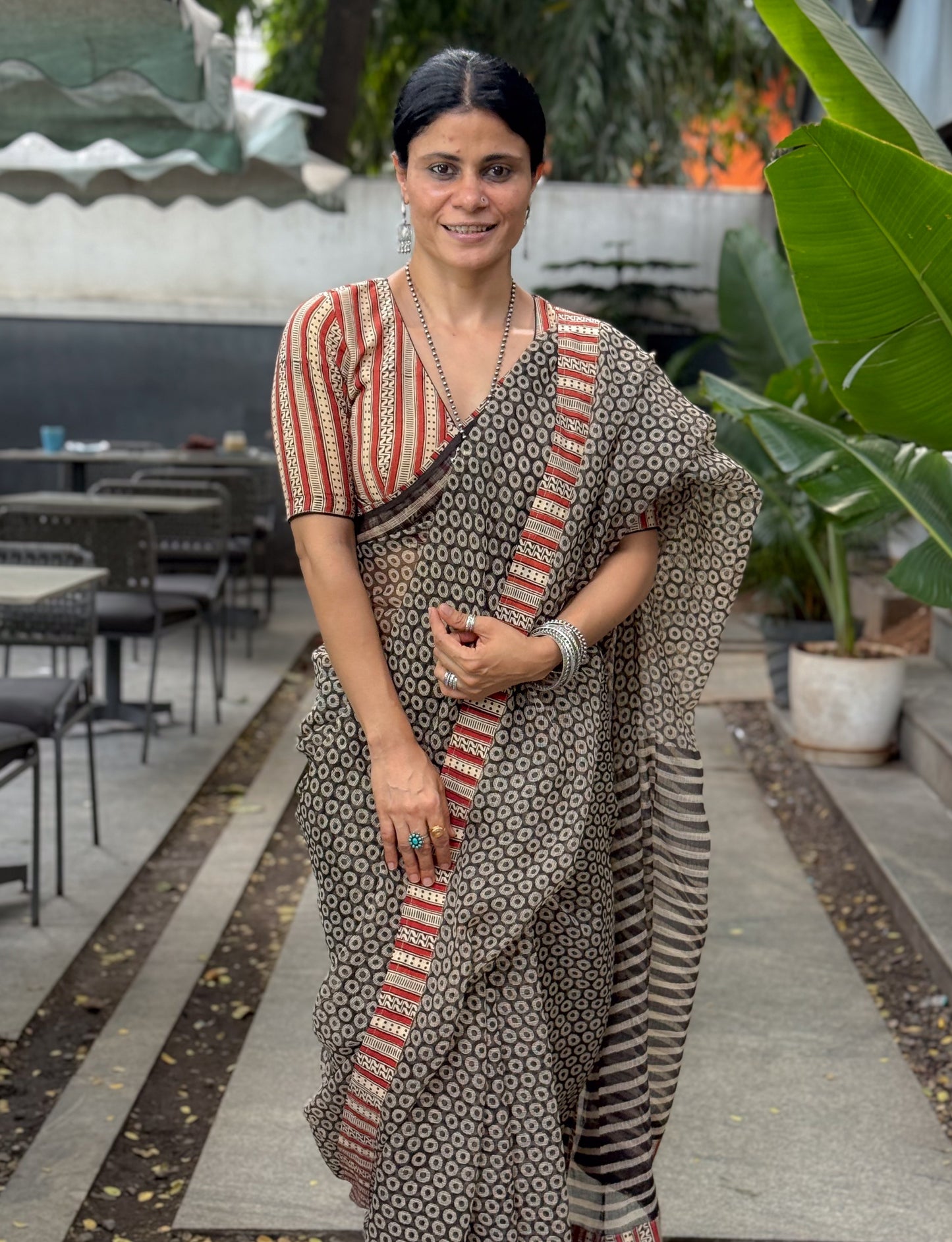 Handmade Natural Dyed Handblock Bagru / Dabu Printed Kota Doria Saree With Dabu Patch Border.