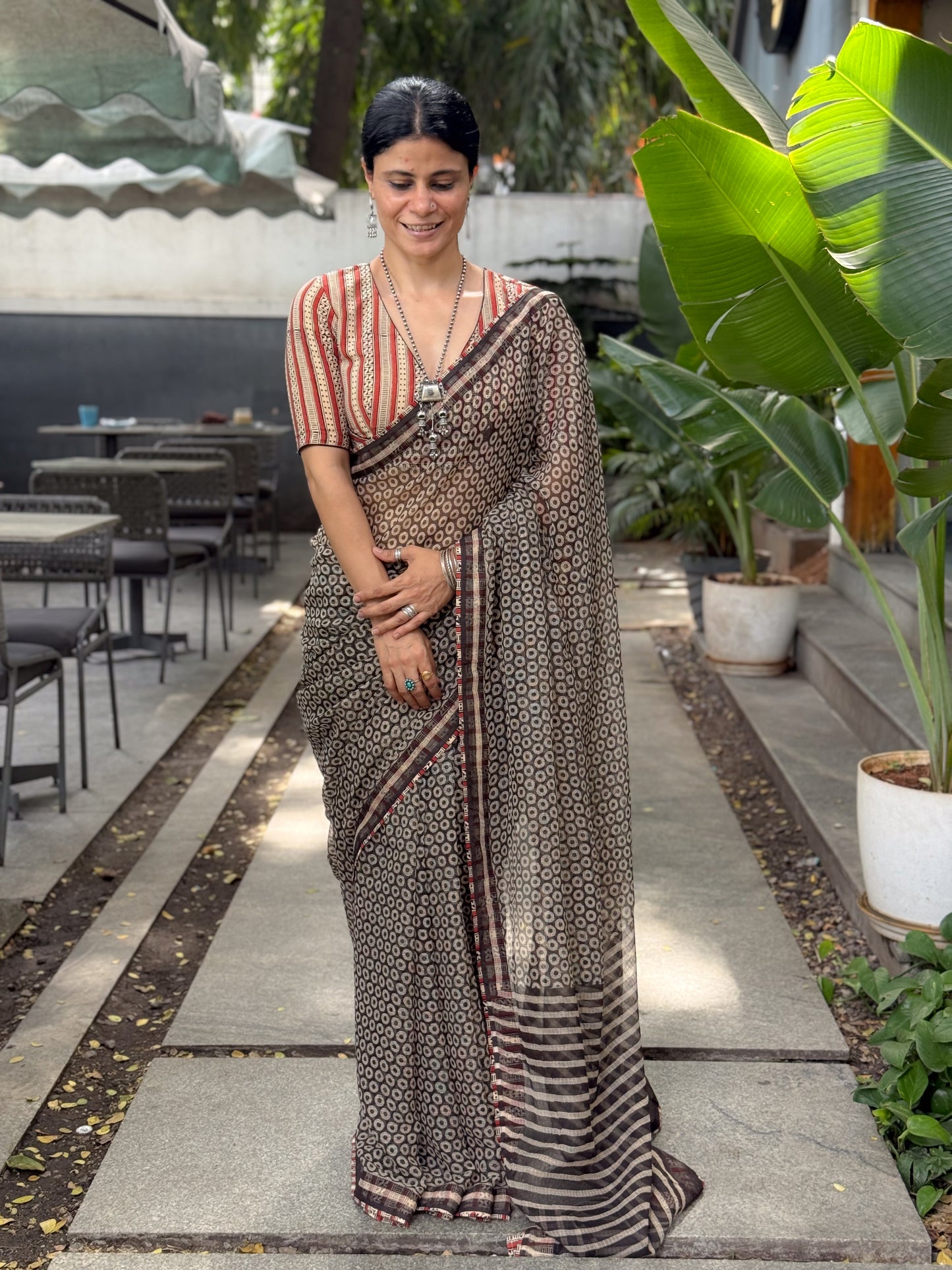 Handmade Natural Dyed Handblock Bagru / Dabu Printed Kota Doria Saree With Dabu Patch Border.