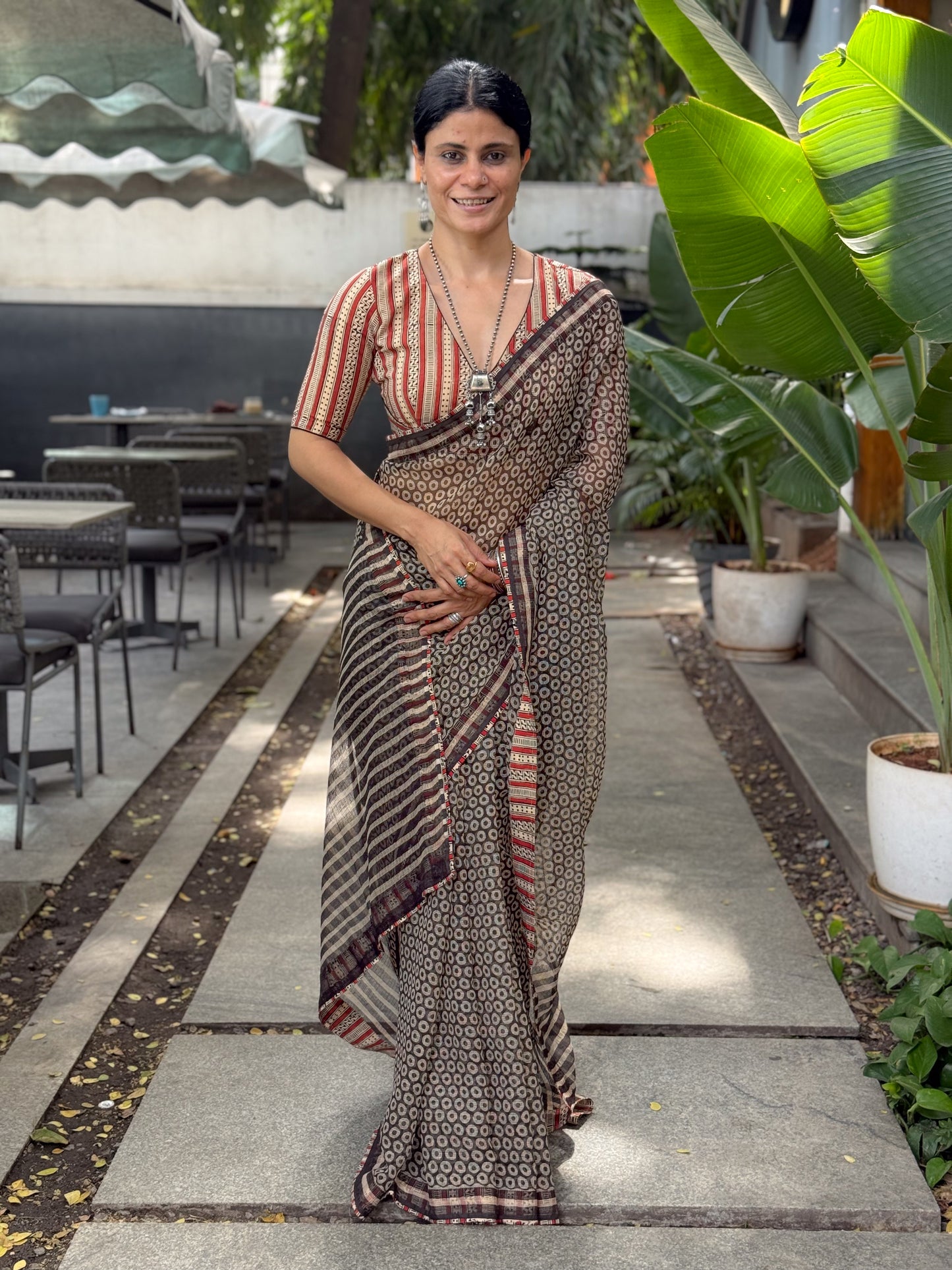 Handmade Natural Dyed Handblock Bagru / Dabu Printed Kota Doria Saree With Dabu Patch Border.