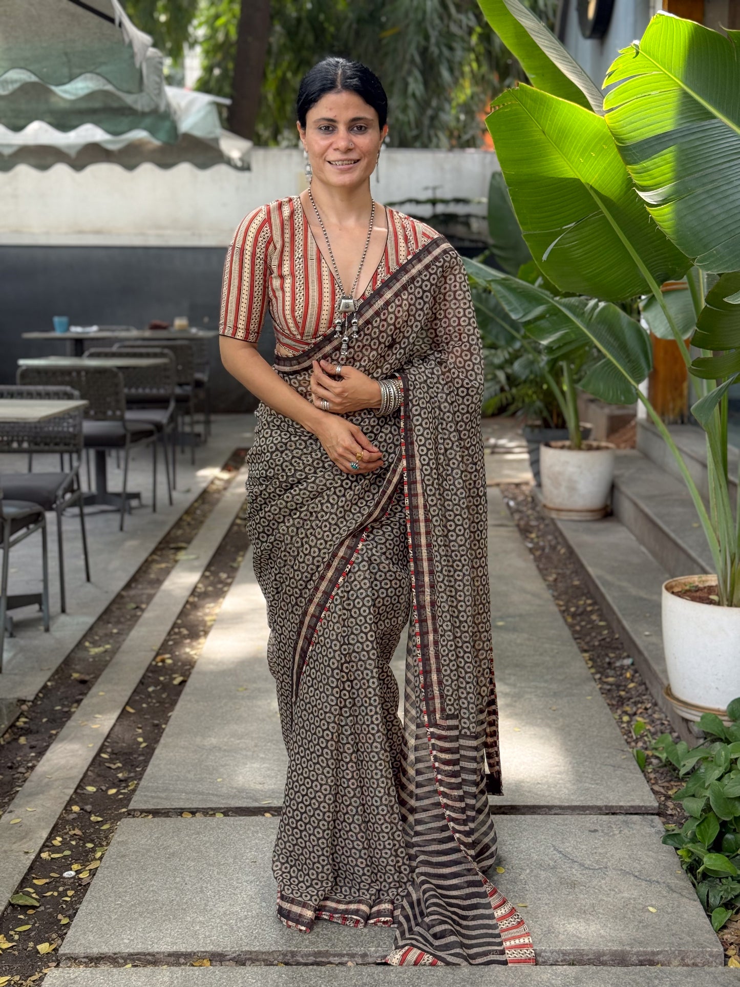 Handmade Natural Dyed Handblock Bagru / Dabu Printed Kota Doria Saree With Dabu Patch Border.