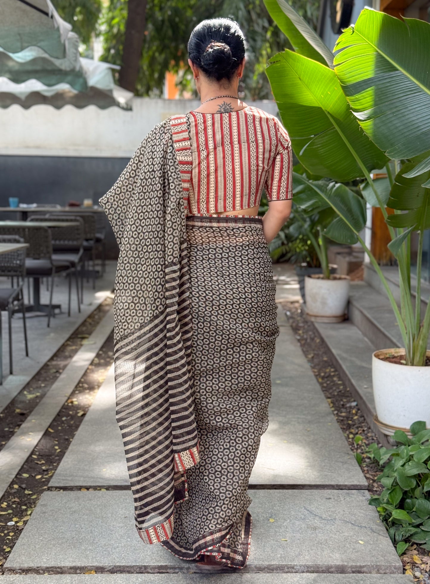 Handmade Natural Dyed Handblock Bagru / Dabu Printed Kota Doria Saree With Dabu Patch Border.