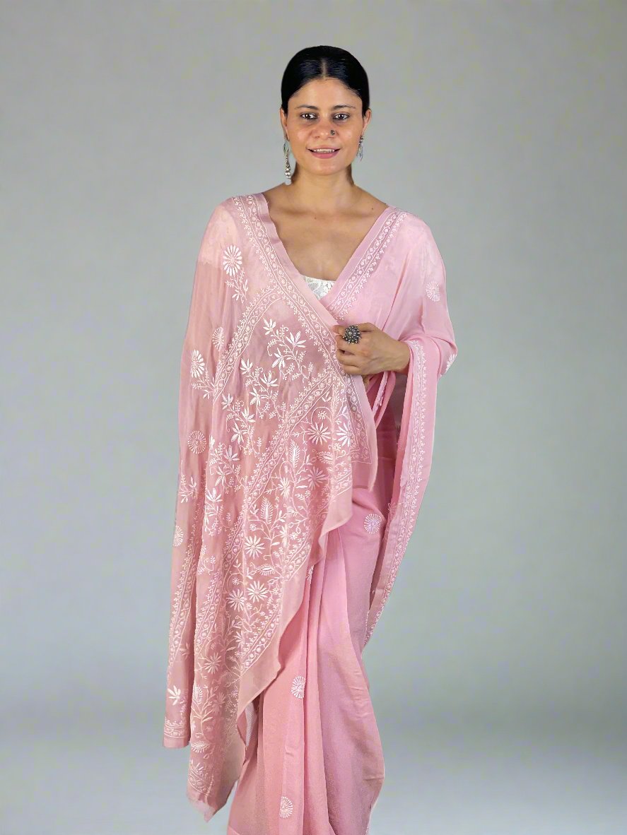 Handembroidered  Chikanakri  Pure georgette Silk Saree