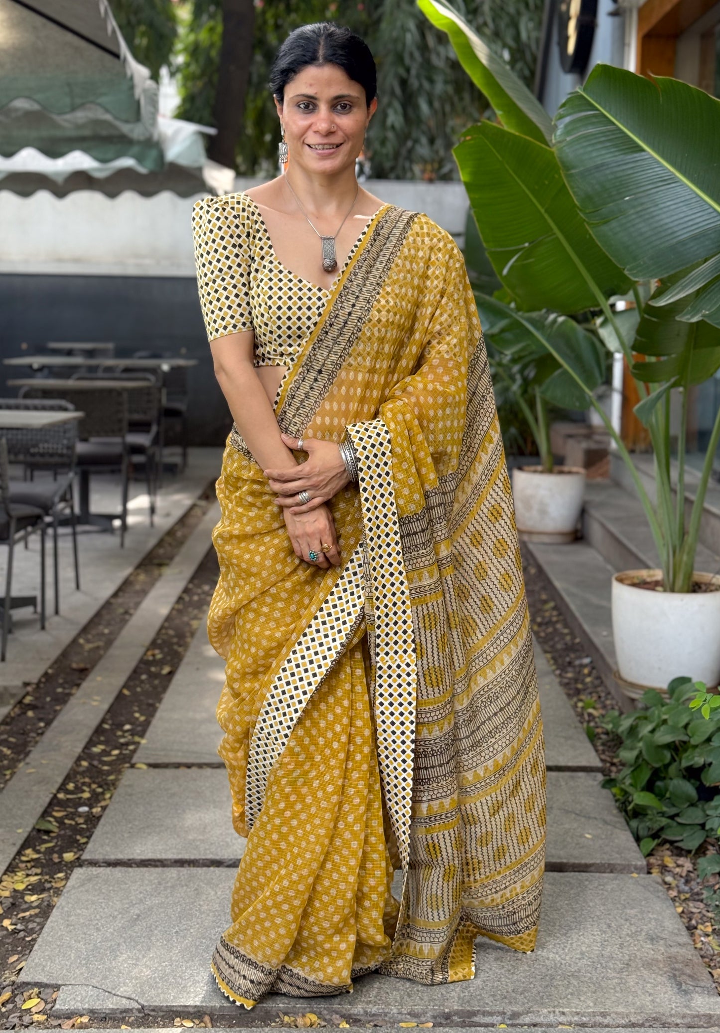 Handmade Natural Dyed Handblock Bagru/Dabu Printed Kota Doria Saree With Dabu Patch Border.