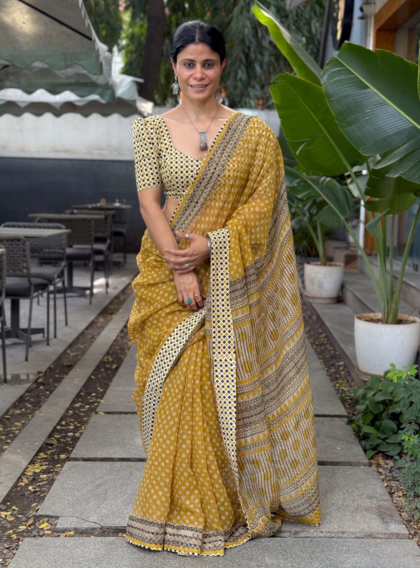Handmade Natural Dyed Handblock Bagru/Dabu Printed Kota Doria Saree With Dabu Patch Border.